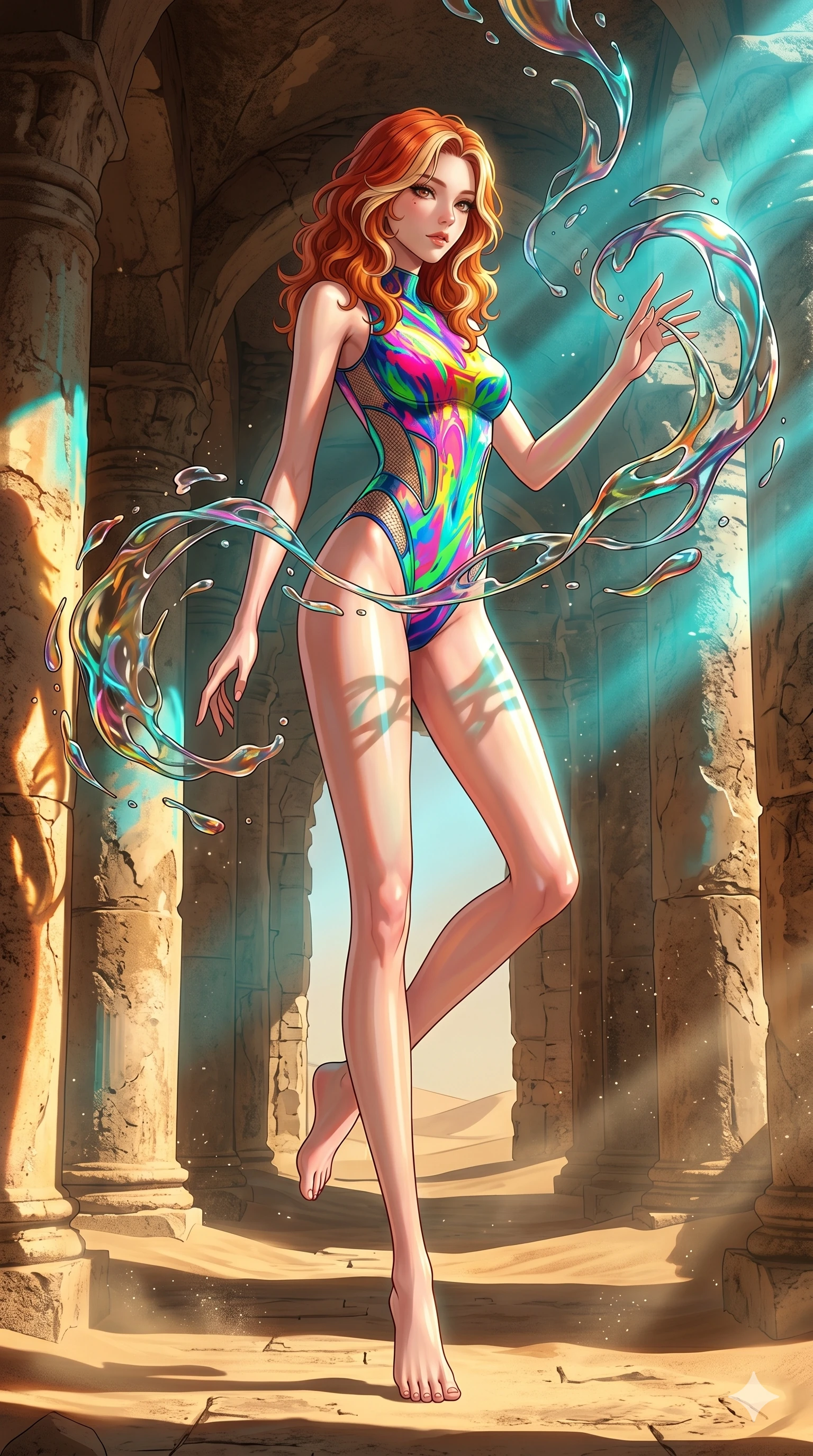 score_9, masterpiece, best quality, ultra-detailed, high-budget anime keyframe, Japanese woman. low angle full-body shot filling the entire 9:16 frame with her statuesque presence, stretching the vertical silhouette. interacting with liquid stained-glass that melts and swirls in mid-air inside a crumbling desert ruin, the fluid jewelry floating in suspension. She has an absolutely perfect 8-heads proportion, an exceptionally tall and slender female figure with impossibly long slender legs and an ultra-slim waist. V-shaped jawline, high-bridge nose, intricate jewel-like eyes with depth, thick eyelashes, glossy lips with a natural sheen.. wearing a liquid acrylic splash bodysuit, featuring a structured bodysuit with vivid fluorescent acrylic-splash surface art and architectural side mesh panels. showcasing a beautiful play of light and shadow, with warm golden rays clashing against cool cyan highlights. 2k, ultra detail, master piece, 9:16 ratio