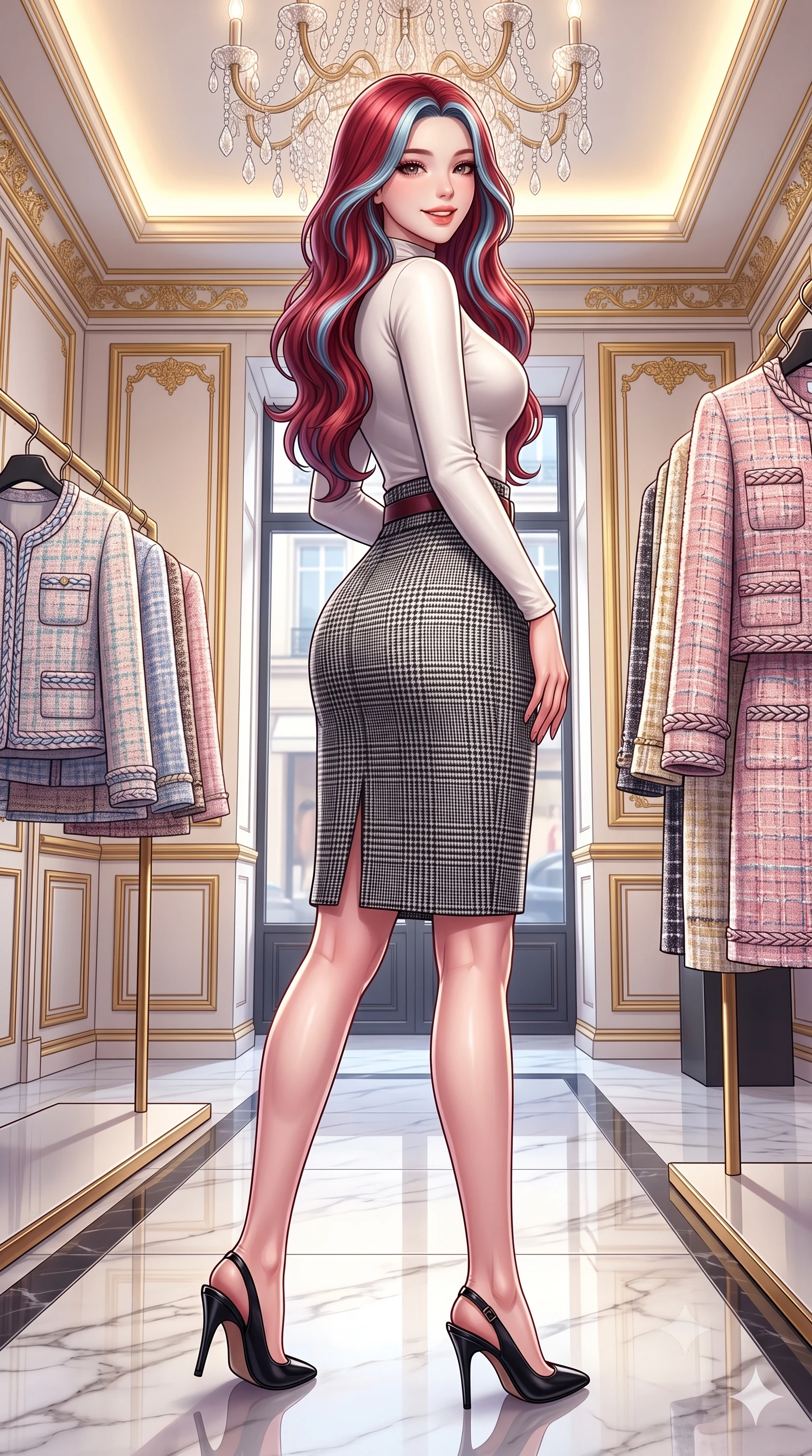 score_9, masterpiece, best quality, ultra-detailed, high-budget anime keyframe, semi-realistic 3D game render, editorial fashion photography, tasteful artistic composition, Caucasian woman. low angle full-body shot from head to toe showing her feet, filling the entire 9:16 vertical frame with her statuesque presence, stretching her vertical silhouette. pausing along the promenade and turning back toward the camera with an infectious, delightful smile, her form-fitting silhouette highlighting her curvy hips and slim waist while standing poised in the center of the palatial boutique salon beneath a cascading crystal chandelier, flashing a chic supermodel smile. The surrounding environment is rendered in vivid detail and crisp panoramic clarity: detailed Chanel-inspired pastel tweed jacket weave, braided trim borders, and premier Parisian interior architecture in razor-sharp precision. She has an exceptionally tall and slender model-like 8.5-heads proportion, an ultra-slim waist, a flat toned midriff, narrow delicate ribcage, and beautifully sculpted feminine hips creating a graceful, slim hourglass silhouette without any bulky heaviness, with impossibly long slender legs. sharp v-shaped jawline, high-bridge nose, intricate jewel-like sparkling eyes with depth, thick eyelashes, glossy parted lips with a natural peach sheen, bright cheerful beaming smile with an enchanting and coquettish sensual glint, exuding both youthful cute charm and seductive allure, flawlessly proportioned anatomical accuracy, strict slender model proportions, natural body alignment, perfectly sculpted long slender limbs, ultra-slim waistline, clean dynamic posture without body distortion. wearing a tight-fitting mock-neck silk jersey top paired with a high-waisted wrap pencil skirt cinched with an obi-inspired leather belt in classic glen plaid monochrome with subtle wine red accent, crafted from liquid-tight stretch cashmere knit clinging flawlessly to every curve with silky softness, finished with a slim equestrian bridle-leather belt cinched tightly at the narrowest point of her waist, the second-skin tailored fabric adhering flawlessly to her sculpted flat midriff and slender torso, emphasizing her long leg lines and perfectly proportioned willowy build. bathed in brilliant 3500K warm-white cove illumination and glittering multi-faceted crystal chandelier reflections. highly saturated vibrant anime colors, detailed shading with soft gradients, rich glossy textures, high-contrast stereoscopic depth, volumetric dynamic lighting, master piece, 9:16 ratio