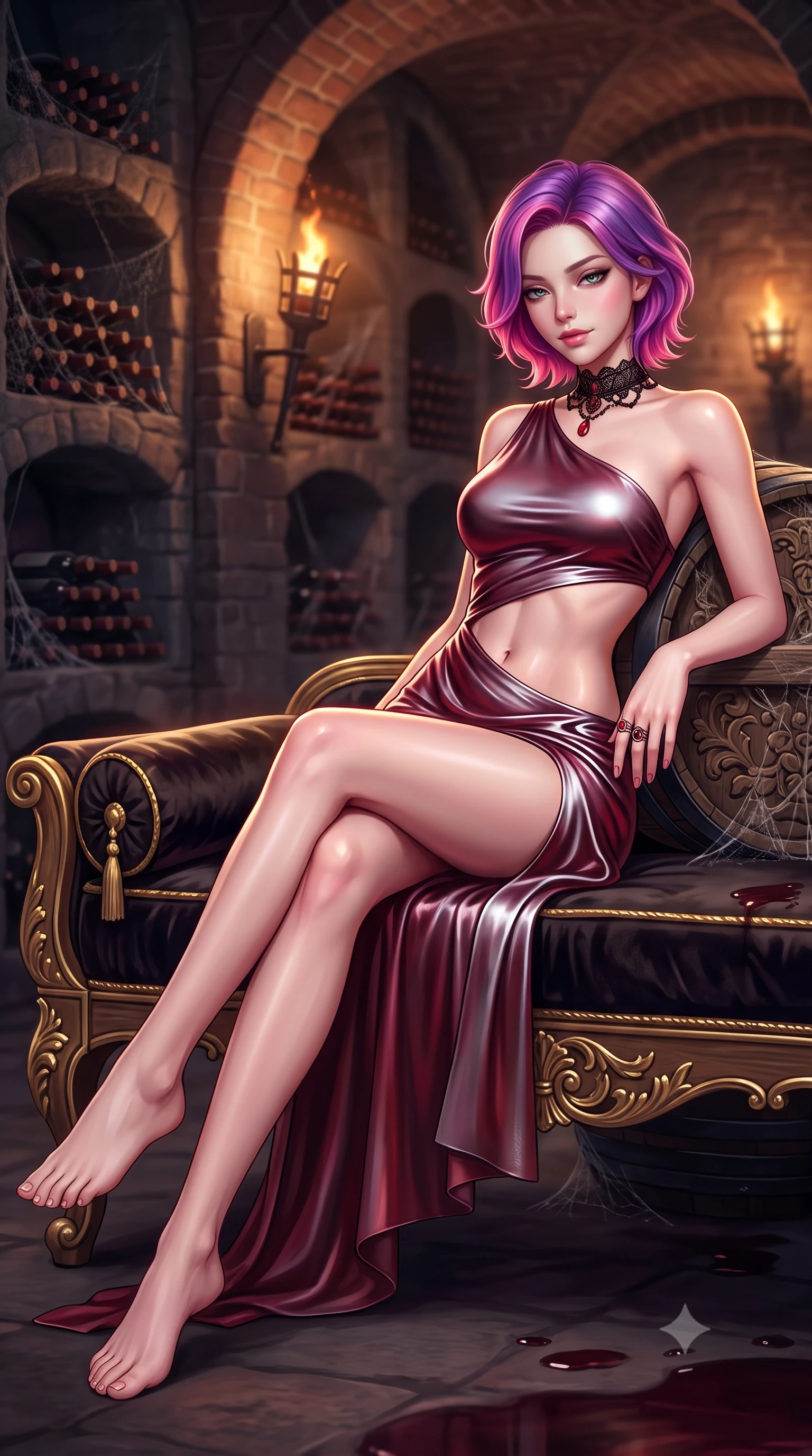 score_9, masterpiece, best quality, ultra-detailed, high-budget anime keyframe, semi-realistic 3D game render, editorial fashion photography, tasteful artistic composition, Caucasian woman. low angle full-body shot from head to toe showing her feet, filling the entire 9:16 vertical frame with her statuesque presence, stretching her vertical silhouette. lounging on the lavish daybed with legs crossed and hips angled toward the camera, displaying her toned midriff and long slender limbs with effortless siren poise while lounging against an ancient carved wine cask with legs crossed, arching her lower back with seductive vampire queen poise. The background shows a soft-focus rows of cobwebbed wine bottles in stone alcoves, flickering iron wall braziers, and vaulted brick arches blurred into burgundy, bronze, and charcoal bokeh. She has an absolutely perfect, statuesque 8.5-heads proportion, an exceptionally tall and slender model-like female figure with impossibly long slender legs, an ultra-slim waist, a flat toned midriff, narrow delicate ribcage, and beautifully sculpted feminine hips creating a graceful, slim hourglass silhouette without any bulky heaviness. sharp v-shaped jawline, high-bridge nose, sparkling eyes with hypnotic seductive depth, thick curled eyelashes, glossy parted lips with a natural dewy peach sheen, alluring bedroom-eyes with an enchanting coquettish smile, exuding magnetic siren charisma and sophisticated glamour, flawlessly proportioned anatomical accuracy, strict slender model proportions, natural body alignment, perfectly sculpted long slender limbs, ultra-slim waistline, clean dynamic posture without body distortion. wearing an asymmetric one-shoulder metallic bordeaux mini dress with a dramatic side cutout hugging her waist and hips in pure pearl alabaster with liquid platinum sheen, crafted from fluid liquid silk satin that clings smoothly to every curve with a dewy sheen, accented with an ornate black lace Victorian choker featuring a single blood-red teardrop garnet, the high-slit wrap tailoring accentuating her ultra-slim waistline and the enchanting curve of her feminine hips with alluring seductive charm. illuminated by wine puddle specular bounce and sharp warm-amber rim lights sculpting her jawline, flat midriff, and voluptuous hip curves. highly saturated vibrant anime colors, detailed shading with soft gradients, rich glossy textures, high-contrast stereoscopic depth, volumetric dynamic lighting, master piece, 9:16 ratio