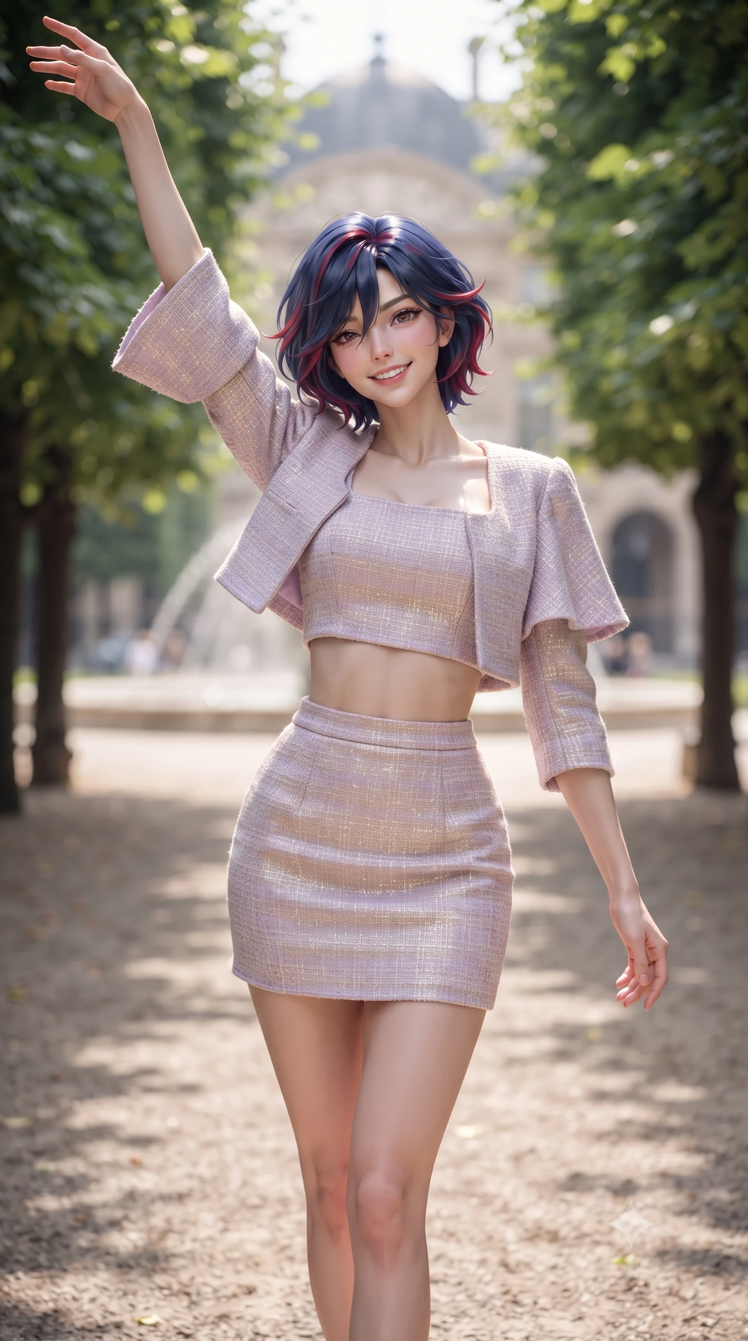 score_9, masterpiece, best quality, ultra-detailed, high-budget anime keyframe, editorial fashion photography, tasteful artistic composition, Korean woman. close-up cowboy shot from the waist and thighs up, the character dominates the composition, filling the frame with her large presence. playfully stretching one arm overhead toward the sun, her radiant smile capturing fresh girlhood charm while her arched torso reveals an intoxicating hip contour while walking dynamically down the shaded gravel alley lined with linden trees, her stylish form-fitting outfit accentuating her feminine hips. The composition keeps background elements in soft focus with dreamy creamy bokeh. dappled gravel walkways and palace courtyard fountain softened in iconic Parisian shallow focus. She has an exceptionally elegant, slender, and willowy female figure with an ultra-slim waist, flat toned midriff, narrow ribcage, and sculpted feminine hips creating an alluring, slim hourglass silhouette without bulk. sharp v-shaped jawline, high-bridge nose, intricate jewel-like sparkling eyes with depth, thick eyelashes, glossy parted lips with a natural peach sheen, bright cheerful beaming smile with an enchanting and coquettish sensual glint, exuding both youthful cute charm and seductive allure, flawlessly proportioned anatomical accuracy, strict slender model proportions, natural body alignment, perfectly sculpted long slender limbs, ultra-slim waistline, clean dynamic posture without body distortion. wearing a cute pastel tweed two-piece set with a cropped jacket and ultra-fitted high-waisted mini skirt tracing her hips in soft lilac and champagne shimmer, tailored from crisp cotton poplin with clean structural lines, featuring elegant flutter sleeves and a graceful square neckline, the glove-like silhouette tightly following the natural contour of her hips and long slender legs with youthful 8.5-heads elegance. bathed in soft, elegant afternoon Parisian sunlight filtering through manicured tree alleys. ultra-reflective glossy finish, specular highlights, rich textural contrasts, high-contrast stereoscopic depth, volumetric dynamic lighting, 2k, ultra detail, master piece, 9:16 ratio