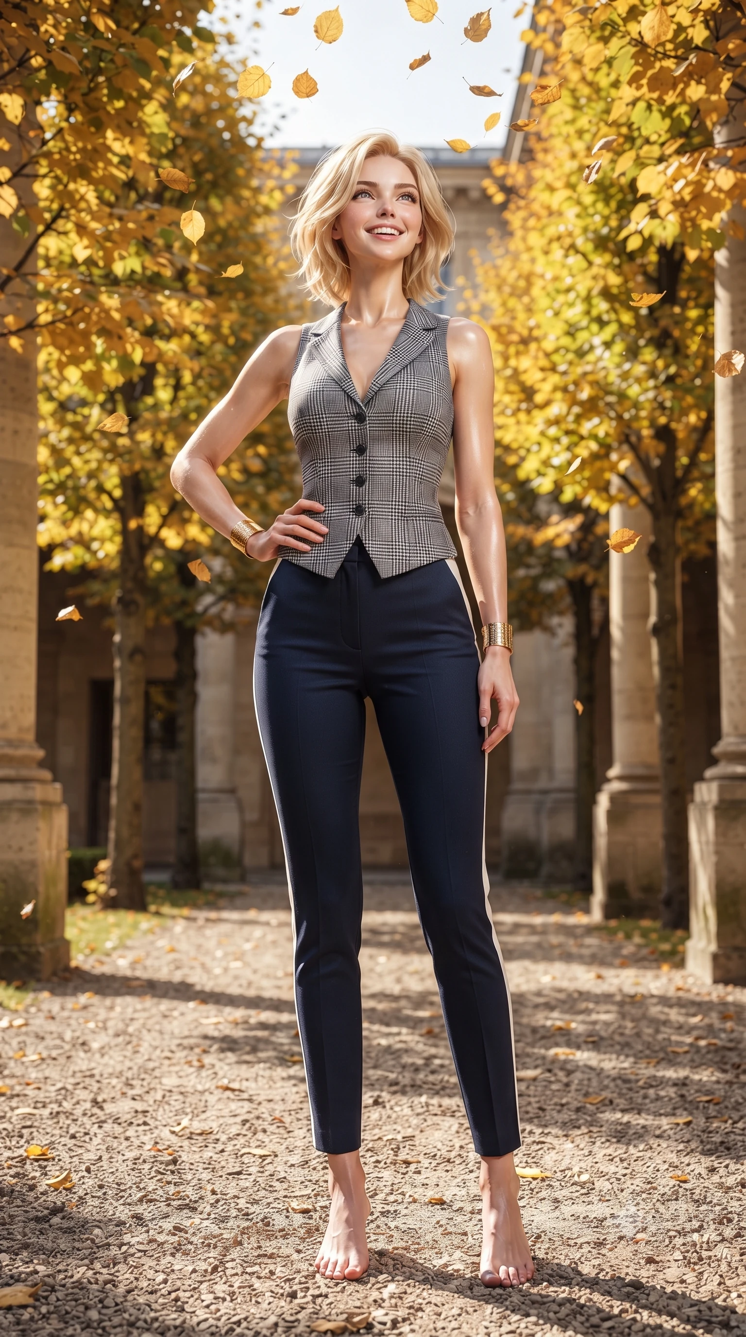 score_9, masterpiece, best quality, ultra-detailed, high-budget anime keyframe, editorial fashion photography, tasteful artistic composition, Caucasian woman. low angle full-body shot from head to toe showing her feet, filling the entire 9:16 vertical frame with her statuesque presence, stretching her vertical silhouette. standing tall and centered in the frame with one hand on her hip, radiating statuesque poise, an ultra-slim waist, and captivating allure while standing in the sun-dappled courtyard among golden manicured linden trees, watching autumn leaves flutter down with serene delight. The surrounding environment is rendered in vivid detail and crisp panoramic clarity: sharp stone chisel marks on column bases, gravel pathway texture, and architectural cornice dentils in deep focus. She has an exceptionally tall and slender model-like 8.5-heads proportion, an ultra-slim waist, a flat toned midriff, narrow delicate ribcage, and beautifully sculpted feminine hips creating a graceful, slim hourglass silhouette without any bulky heaviness, with impossibly long slender legs. sharp v-shaped jawline, high-bridge nose, intricate jewel-like sparkling eyes with depth, thick eyelashes, glossy parted lips with a natural peach sheen, bright cheerful beaming smile with an enchanting and coquettish sensual glint, exuding both youthful cute charm and seductive allure, flawlessly proportioned anatomical accuracy, strict slender model proportions, natural body alignment, perfectly sculpted long slender limbs, ultra-slim waistline, clean dynamic posture without body distortion. wearing a sleek Prince of Wales check tailored vest bodice hugging her torso, paired with matching ultra-high-rise cigarette trousers in French navy blue and crisp alabaster white, crafted from liquid-tight stretch cashmere knit clinging flawlessly to every curve with silky softness, accented with delicate golden wrist cuffs reflecting warm chandelier light, the second-skin tailored fabric adhering flawlessly to her sculpted flat midriff and slender torso, emphasizing her long leg lines and perfectly proportioned willowy build. bathed in rhythmic alternating pools of bright autumn afternoon sun and soft shaded stone arcade ambient light. ultra-reflective glossy finish, specular highlights, rich textural contrasts, high-contrast stereoscopic depth, volumetric dynamic lighting, 2k, ultra detail, master piece, 9:16 ratio