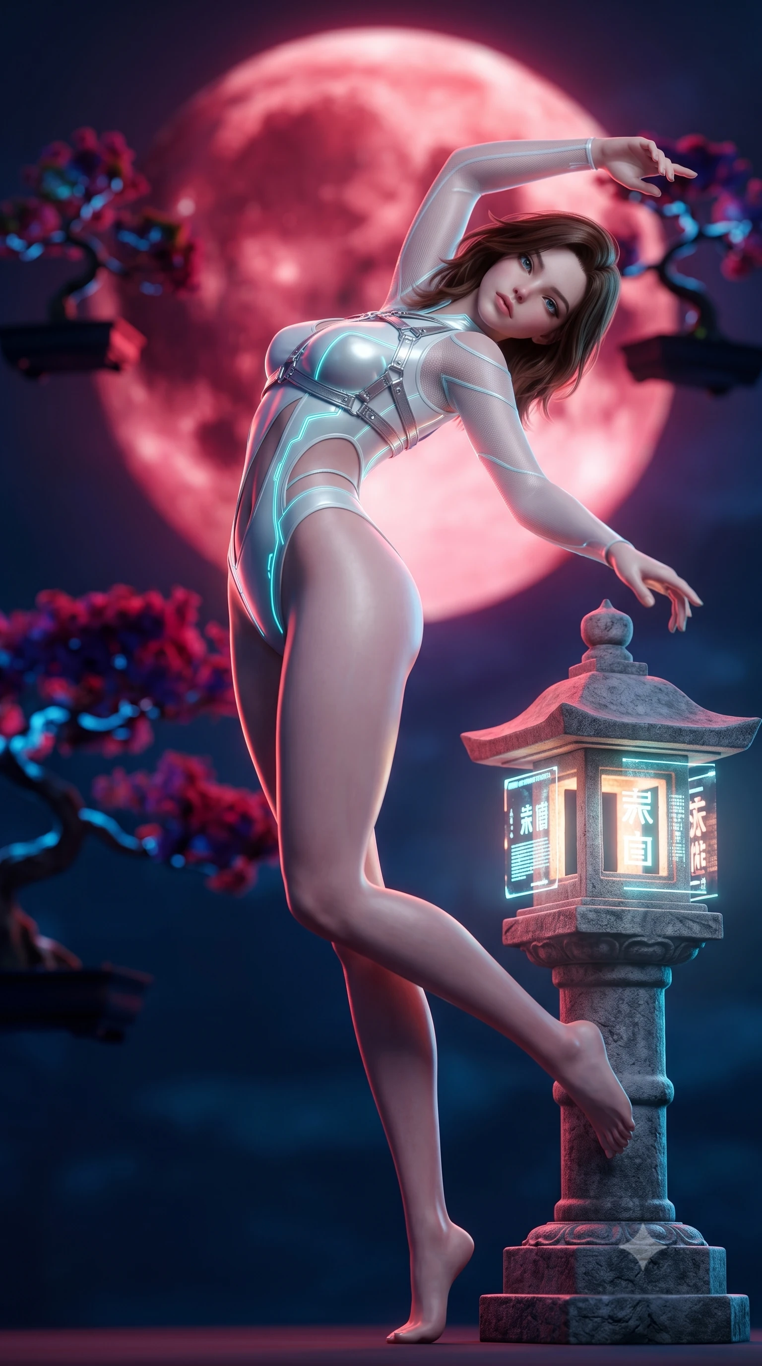 score_9, masterpiece, best quality, ultra-detailed, high-budget anime keyframe, semi-realistic 3D game render, editorial fashion photography, tasteful artistic composition, Korean woman. low angle full-body shot from head to toe showing her feet, filling the entire 9:16 vertical frame with her statuesque presence, stretching her vertical silhouette. arching her back in a fluid zero-gravity turn with sovereign grace, her long slender legs and sculpted torso creating a sweeping line while pivoting gracefully beside a digital stone lantern as crimson moonlight casts a dramatic S-curve silhouette. The composition keeps background elements in soft focus with creamy bokeh. colossal glowing blood moon and floating neon bonsai trees blurred into deep crimson and indigo bokeh. She has an absolutely perfect, statuesque 8.5-heads proportion, an exceptionally tall and slender model-like female figure with impossibly long slender legs and an ultra-slim waist. sharp v-shaped jawline, high-bridge nose, intricate jewel-like eyes with depth, thick eyelashes, glossy lips with a natural sheen, flawlessly proportioned anatomical accuracy, natural body alignment, perfectly sculpted elegant limbs, clean dynamic posture without body distortion. wearing an ultra-sleek high-cut tech-bodysuit featuring dangerous diagonal slitted cutouts on the midriff and shoulders, reinforced by a metallic silver harness and sheer mesh sleeves in pure snow white latex and glowing cyan circuit seams, made of liquid metal jersey that clings flawlessly to every contour of her build, reinforced by a sleek metallic chrome harness and delicate glowing micro-straps, the glove-like fit tightly following every curve of her statuesque athletic build. surrounded by an exotic, mystical, and intensely captivating oriental cyber-goddess aura. highly saturated vibrant anime colors, detailed shading with soft gradients, rich glossy textures, high-contrast stereoscopic depth, volumetric dynamic lighting, master piece, 9:16 ratio