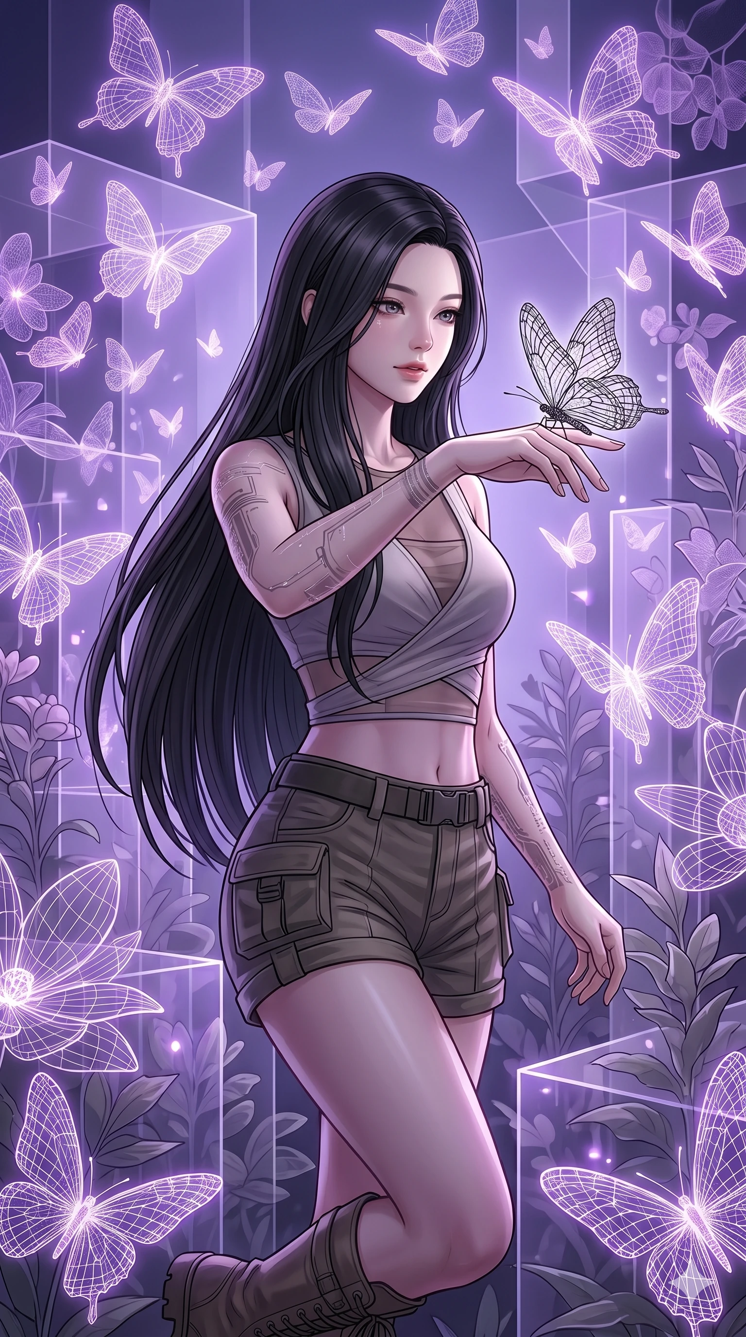 score_9, masterpiece, best quality, ultra-detailed, high-budget anime keyframe, Korean woman. Upper body close-up from the thighs up, character filling the screen for maximum presence. Inside a virtual reality garden with floating wireframe butterflies, observing a butterfly on her hand with a gentle, serene expression. She is wearing a cropped wrap top with sheer panels, utility shorts, and boots. The scene is bathed in the soft purple glow of the butterflies and a white key light. 2k, ultra detail, master piece, 9:16 ratio