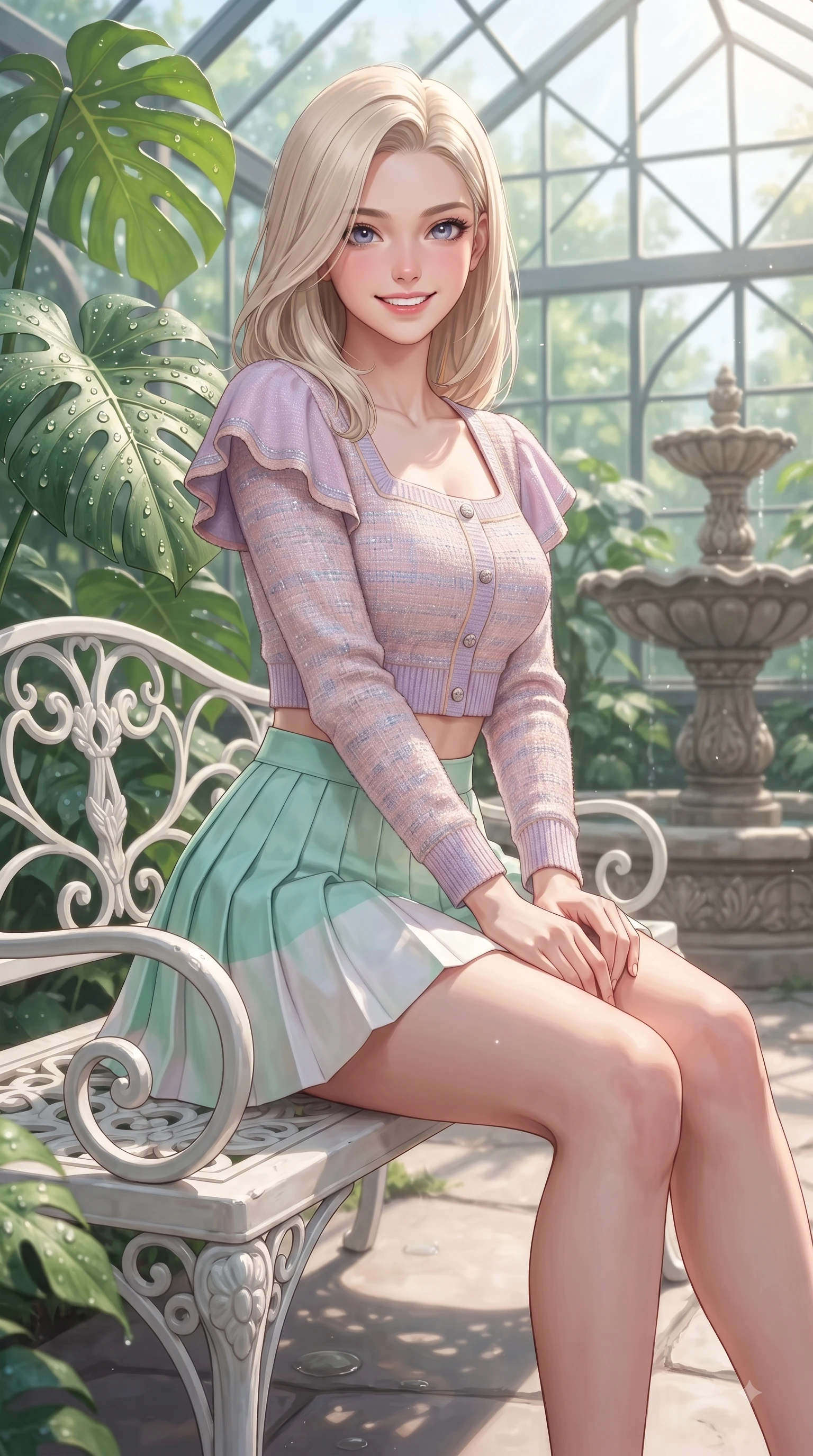 score_9, masterpiece, best quality, ultra-detailed, high-budget anime keyframe, editorial fashion photography, tasteful artistic composition, Caucasian woman. close-up cowboy shot from the waist and thighs up, the character dominates the composition, filling the frame with her large presence. Youthful bright smile exuding pure cute charm and fresh energy, her torso turning dynamically into the lens while sitting on a classic white iron bench in a sun-drenched glasshouse surrounded by emerald greenery. The surrounding environment is rendered in vivid detail and crisp panoramic clarity. dewdrops on Monstera leaves, stone fountain details, and clear glass geometric panels rendered in crisp resolution. She has an exceptionally elegant, slender, and willowy female figure with an ultra-slim waist, a gracefully sculpted slender torso, and a refined silhouette. sharp v-shaped jawline, high-bridge nose, intricate jewel-like eyes with depth, thick eyelashes, glossy lips with a natural sheen, flawlessly proportioned anatomical accuracy, natural body alignment, perfectly sculpted elegant limbs, clean dynamic posture without body distortion. wearing a chic cropped pastel cardigan with a high-waisted pleated tennis skirt in refreshing mint green and crisp white, tailored from soft pastel tweed with subtle metallic thread, featuring elegant flutter sleeves and a graceful square neckline, the relaxed yet flattering fit accentuating her naturally graceful and slender figure. surrounded by a peaceful, sun-drenched, and healing greenhouse atmosphere. ultra-reflective glossy finish, specular highlights, metallic sheen, high-contrast stereoscopic depth, volumetric dynamic lighting, 2k, ultra detail, master piece, 9:16 ratio