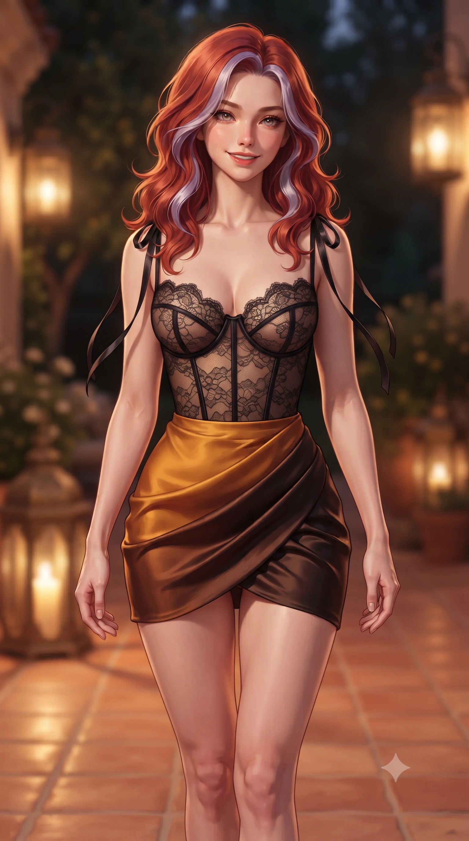 score_9, masterpiece, best quality, ultra-detailed, high-budget anime keyframe, editorial fashion photography, tasteful artistic composition, Caucasian woman. close-up cowboy shot from the waist and thighs up, the character dominates the composition, filling the frame with her large presence. tilting her head with a teasing half-smile, running one hand slowly down the side of her hip in a flirtatious S-curve as ambient light caresses her silhouette while walking slowly across the terracotta patio with poised model strides, evening breezes molding her sheer dress to her hourglass curves. The background shows a soft-focus warm pierced brass lanterns softened in vintage Hollywood estate mystique shallow focus. She has an exceptionally elegant, slender, and willowy female figure with an ultra-slim waist, flat toned midriff, narrow ribcage, and sculpted feminine hips creating an alluring, slim hourglass silhouette without bulk. sharp v-shaped jawline, high-bridge nose, intricate jewel-like sparkling eyes with depth, thick eyelashes, glossy parted lips with a natural peach sheen, bright cheerful beaming smile with an enchanting and coquettish sensual glint, exuding both youthful cute charm and seductive allure, flawlessly proportioned anatomical accuracy, strict slender model proportions, natural body alignment, perfectly sculpted long slender limbs, ultra-slim waistline, clean dynamic posture without body distortion. wearing a sculpted underwire demi-bustier in semi-sheer lace paired with an ultra-short draped tulip skirt in Hannam-dong glowing amber and rich dark espresso, crafted from fluid liquid silk satin that clings smoothly to her narrow waist and rounded hips with a dewy sheen, finished with satin ribbon ties at the shoulders fluttering in the gentle breeze, the second-skin tailored fabric adhering flawlessly to her sculpted flat midriff and slender torso, emphasizing her long leg lines and perfectly proportioned willowy build. illuminated by fountain water reflection bounce and warm amber-gold rim lights sculpting her features, flat midriff, and slender waist. ultra-reflective glossy finish, specular highlights, rich textural contrasts, high-contrast stereoscopic depth, volumetric dynamic lighting, 2k, ultra detail, master piece, 9:16 ratio