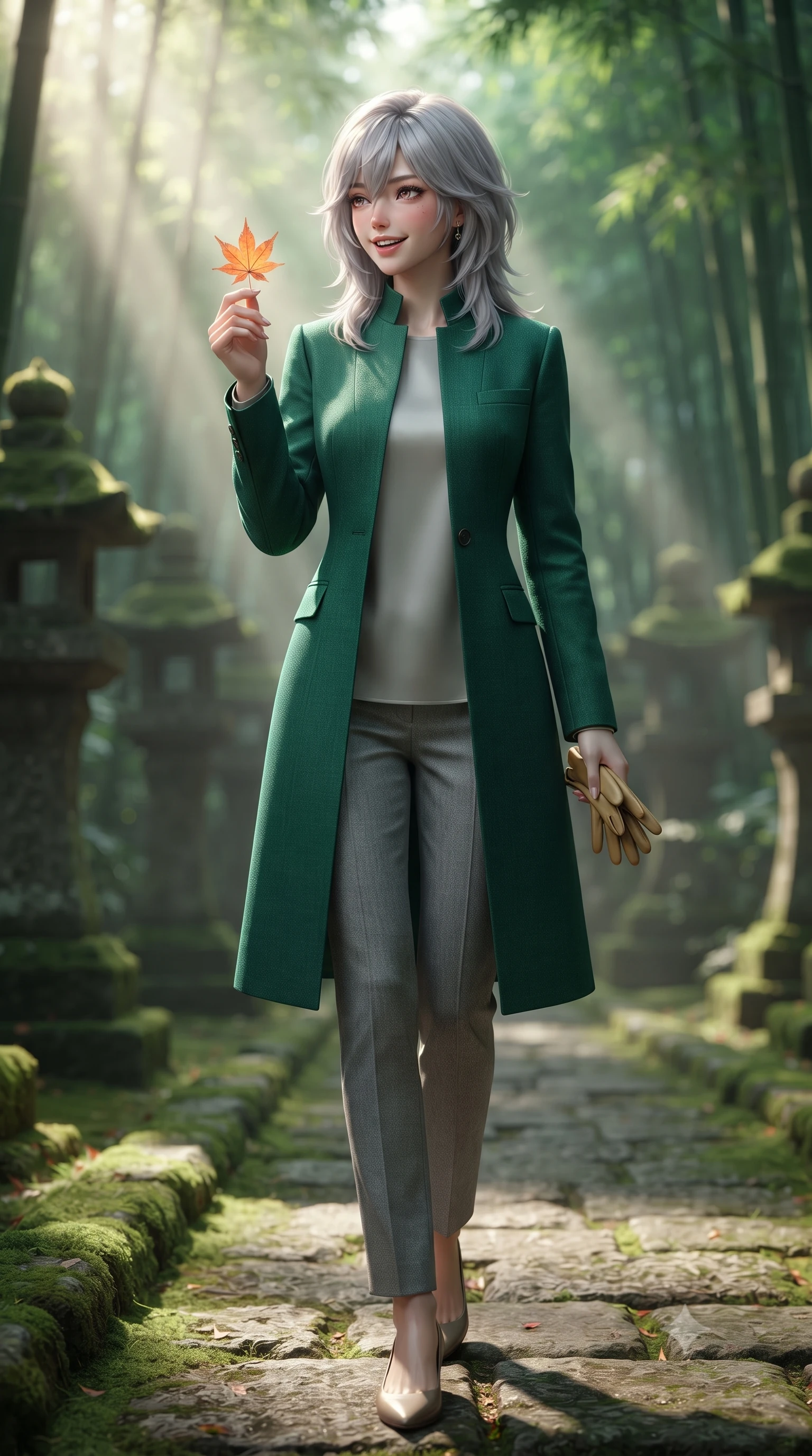 score_9, masterpiece, best quality, ultra-detailed, high-budget anime keyframe, editorial fashion photography, tasteful artistic composition, Japanese woman. close-up cowboy shot from the waist and thighs up, the character dominates the composition, filling the frame with her large presence. holding a single autumn leaf delicately between manicured fingers, admiring it with a cheerful, parted-lip smile while stepping gracefully along the moss-bordered stone path, her minimalist tailored coat creating a striking, slender vertical line. The background shows a soft-focus ancient mossy stone lanterns softened in mystical Japanese natural sanctuary shallow focus. She has an exceptionally elegant, slender, and willowy female figure with an ultra-slim waist, flat toned midriff, narrow ribcage, and sculpted feminine hips creating an alluring, slim hourglass silhouette without bulk. sharp v-shaped jawline, high-bridge nose, intricate jewel-like sparkling eyes with depth, thick eyelashes, glossy parted lips with a natural peach sheen, bright cheerful beaming smile with an enchanting and coquettish sensual glint, exuding both youthful cute charm and seductive allure, flawlessly proportioned anatomical accuracy, strict slender model proportions, natural body alignment, perfectly sculpted long slender limbs, ultra-slim waistline, clean dynamic posture without body distortion. wearing a stand-collar tailored linen-silk coat layered over a minimalist silk tunic and straight-leg pressed trousers in St. Moritz pine forest emerald and heather grey, tailored from heavyweight double-faced wool with clean architectural edges, complemented by buttery leather gloves held delicately in one manicured hand, the bespoke architectural tailoring hugging her natural waistline with sartorial precision, creating a clean graceful hourglass silhouette with tall model elegance. bathed in ethereal shafts of morning sunlight (komorebi) piercing through dense emerald bamboo canopies. ultra-reflective glossy finish, specular highlights, rich textural contrasts, high-contrast stereoscopic depth, volumetric dynamic lighting, 2k, ultra detail, master piece, 9:16 ratio