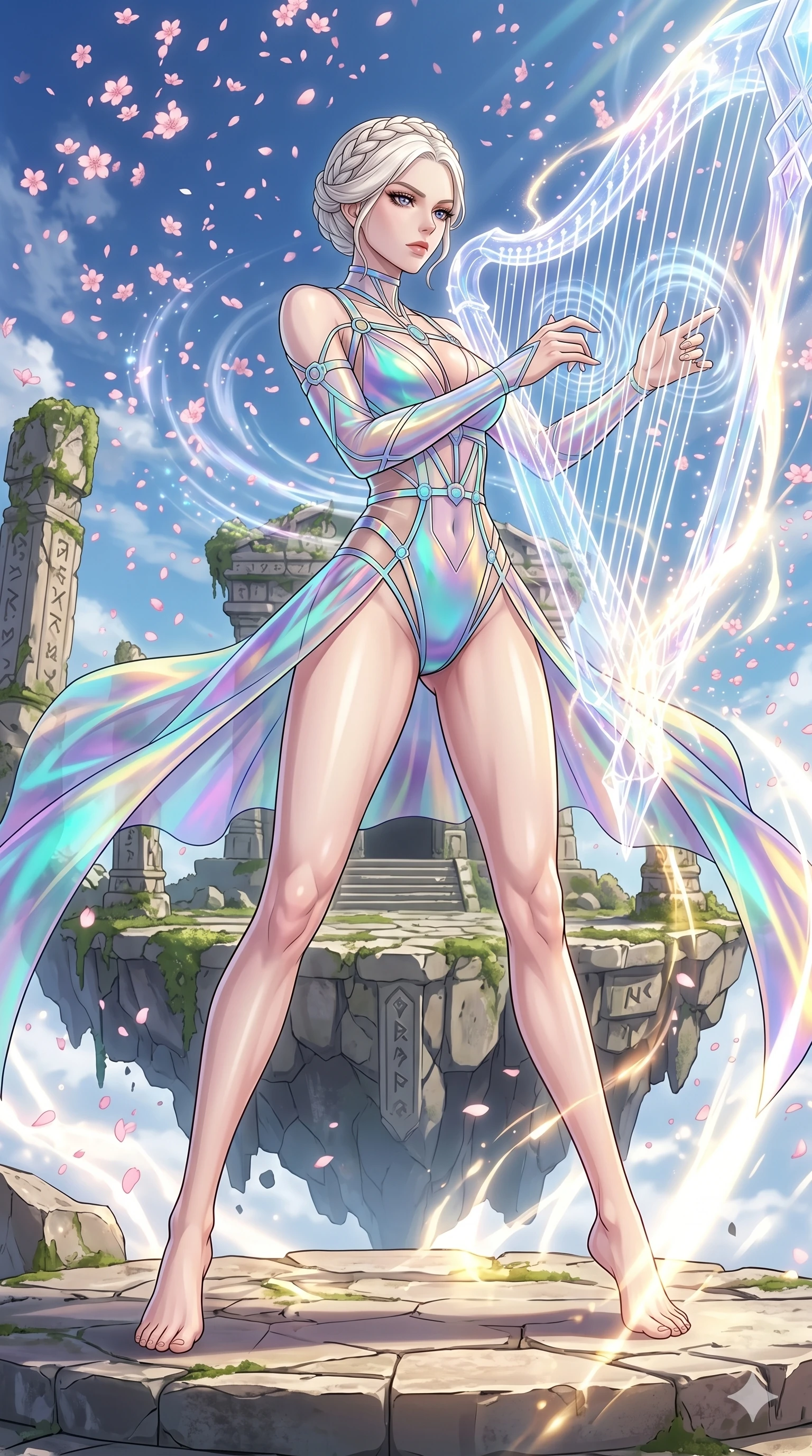 score_9, masterpiece, best quality, ultra-detailed, High-budget Anime Keyframe, vibrant colors, fluid line-art, expressive lighting, cinematic composition, Ufotable-style visual effects, top-tier animation quality, Caucasian woman with pale skin, blonde hair, and (strictly human ears). Wide-angle low shot emphasizing her impossibly long slender legs and commanding stature. Playing a celestial harp made of strings of pure light, the music creating ripples in the atmosphere around her. She has an absolutely perfect 8-heads proportion, an exceptionally tall and slender female figure with impossibly long slender legs and an ultra-slim waist, her statuesque height and towering silhouette dominating the vertical 9:16 frame. Her face is a masterpiece featuring a sharp v-shaped jawline, high-bridge nose, intricate jewel-like eyes with depth, thick eyelashes, and glossy lips with a natural sheen. She is wearing a Micro-bodysuit with a complex integrated harness system and high-cut leg lines crafted from Holographic chiffon that changes color with every movement, creating a rainbow effect, with sheer fabric transparency over her delicate curves and a high-cut silhouette. The scene is set in an ancient floating island with pink cherry blossoms falling like snow against a blue sky, illuminated by intense energy flares from her powers illuminating the scene with brilliant light. 2k, ultra detail, master piece, 9:16 ratio