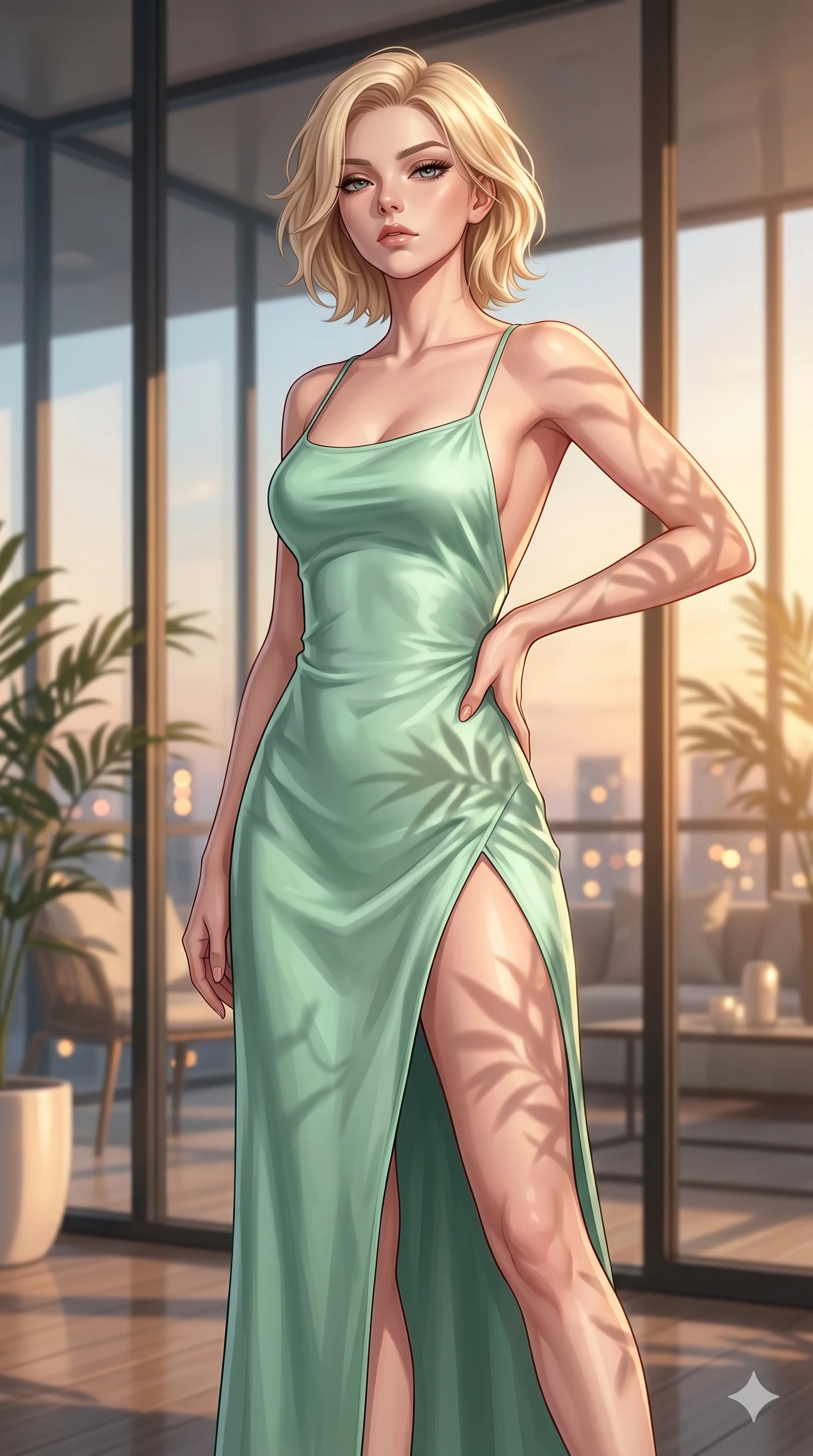 score_9, masterpiece, best quality, ultra-detailed, high-budget anime keyframe, editorial fashion photography, tasteful artistic composition, Caucasian woman, strictly human ears. cowboy shot from the thighs up, character and outfit filling the frame for maximum editorial presence. looking down at the viewer with a haughty, composed and cool expression, her shoulders relaxed inside an airy loft living room with floor-to-ceiling glass walls letting in warm golden hour light (Code-P037). She has an absolutely perfect 8-heads proportion, an exceptionally tall and slender female figure with impossibly long slender legs and an ultra-slim waist. V-shaped jawline, high-bridge nose, intricate jewel-like eyes with depth, thick eyelashes, glossy lips with a natural sheen. wearing a mint green silk slip dress with an open-back design and a high front slit. bathed in warm, golden afternoon sunbeams casting soft organic shadows of leaves on her skin. 2k, ultra detail, master piece, 9:16 ratio