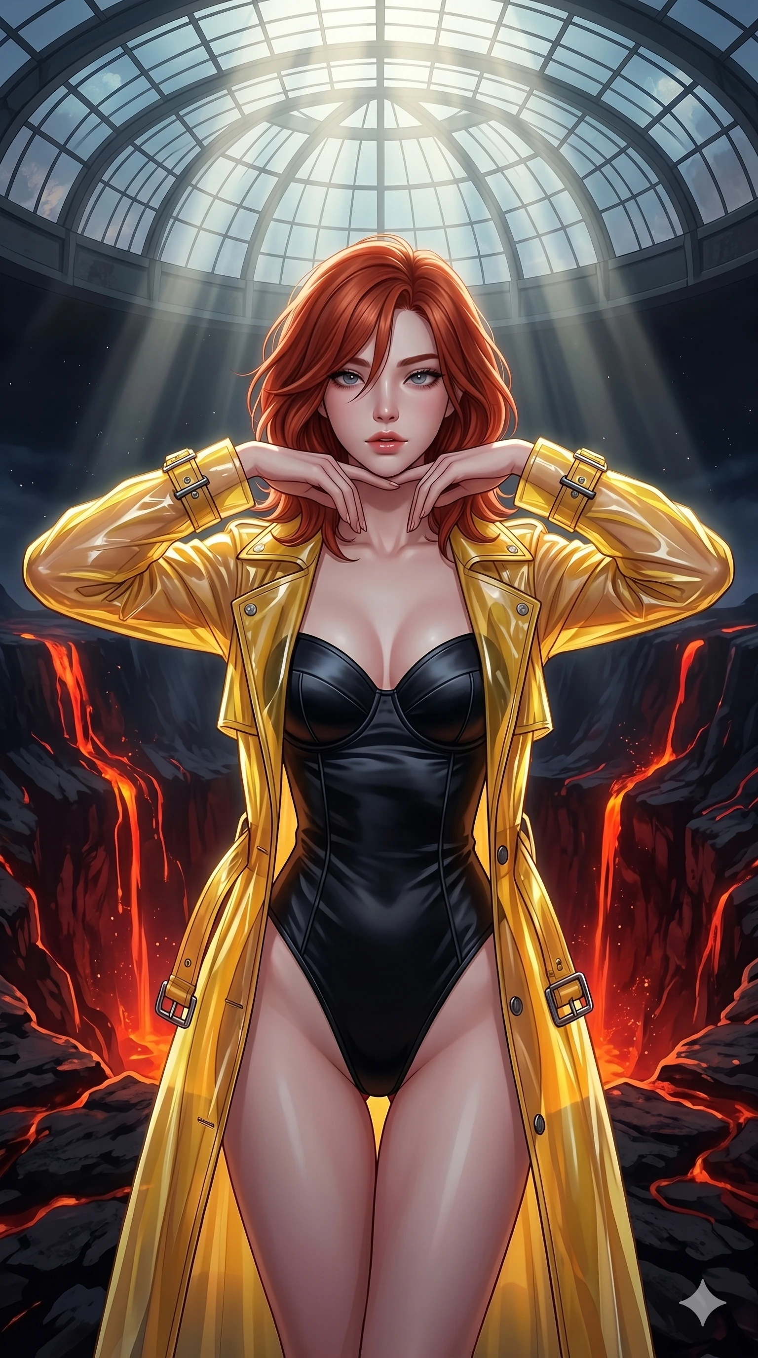 score_9, masterpiece, best quality, ultra-detailed, high-budget anime keyframe, editorial fashion photography, tasteful artistic composition, Korean woman. cowboy shot from the thighs up, character and outfit filling the frame for maximum editorial presence. Resting her chin on the backs of her fingers in a confident pose at the edge of an active volcanic crater with streams of dark red lava glowing in the night. She has an absolutely perfect 8-heads proportion, an exceptionally tall and slender female figure with impossibly long slender legs and an ultra-slim waist. V-shaped jawline, high-bridge nose, intricate jewel-like eyes with depth, thick eyelashes, glossy lips with a natural sheen. wearing a translucent yellow PVC trench coat worn open over a high-cut black satin leotard with a structured sweetheart bust. drenched in cinematic god-ray sunlight descending from a vaulted glass ceiling, illuminating her form. 2k, ultra detail, master piece, 9:16 ratio