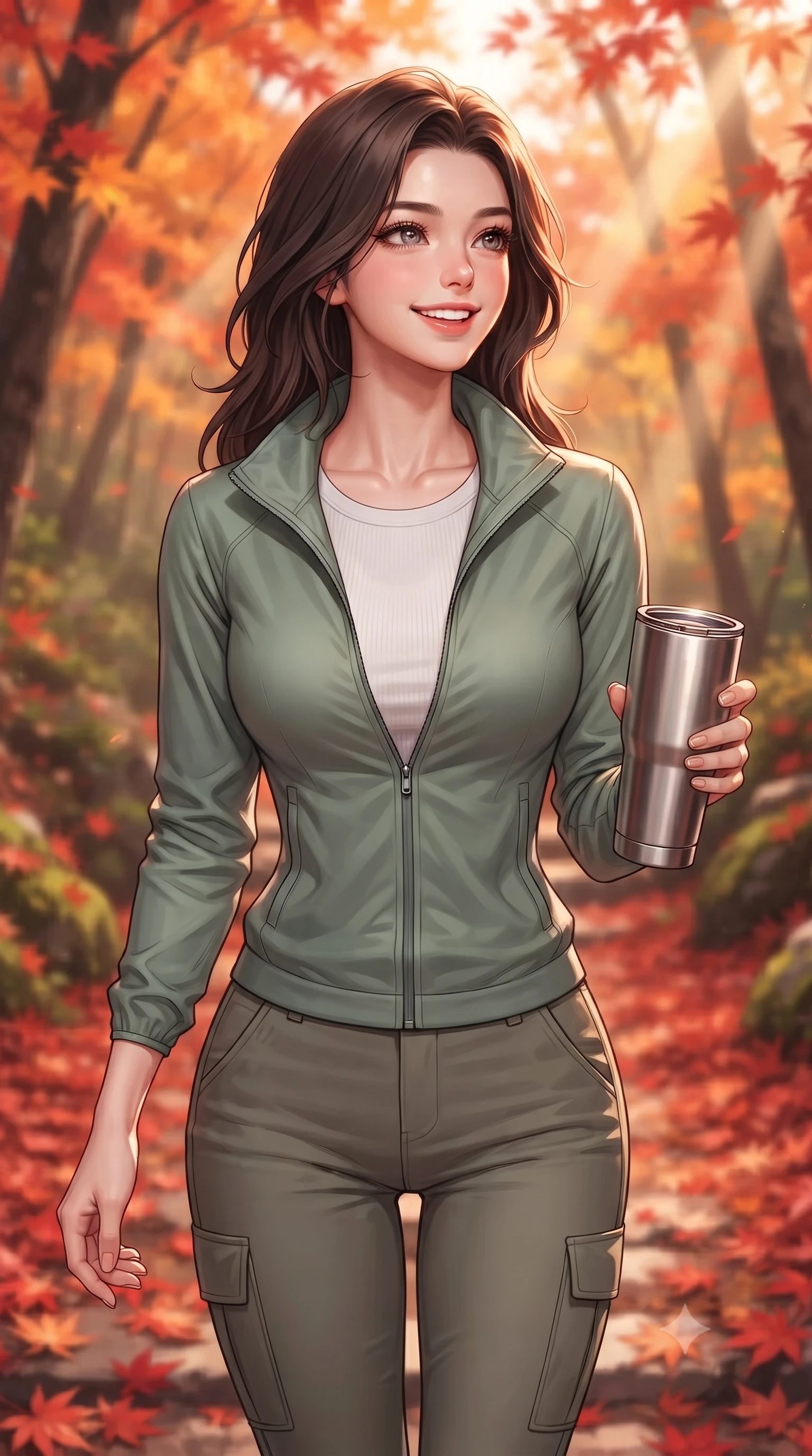 score_9, masterpiece, best quality, ultra-detailed, high-budget anime keyframe, editorial fashion photography, tasteful artistic composition, Korean woman. close-up cowboy shot from the waist and thighs up, the character dominates the composition, filling the frame with her large presence, background elements kept in soft focus. gazing past the camera with a happy, bright expression and a warm smile set against a soft-focus background of walking through an autumn mountain path covered in red maple leaves holding a travel tumbler with a bright, active grin. She has an exceptionally elegant, slender, and willowy female figure with an ultra-slim waist, a gracefully sculpted slender torso, and a refined silhouette. sharp v-shaped jawline, high-bridge nose, intricate jewel-like eyes with depth, thick eyelashes, glossy lips with a natural sheen. wearing body-hugging casual athletic windbreaker in sage green, paired with a simple tee and cargo pants. volumetric sunbeams slicing through the forest trees, creating light rays. highly saturated vibrant anime colors, detailed shading with soft gradients, rich glossy textures, high-contrast stereoscopic depth, volumetric dynamic lighting, master piece, 9:16 ratio