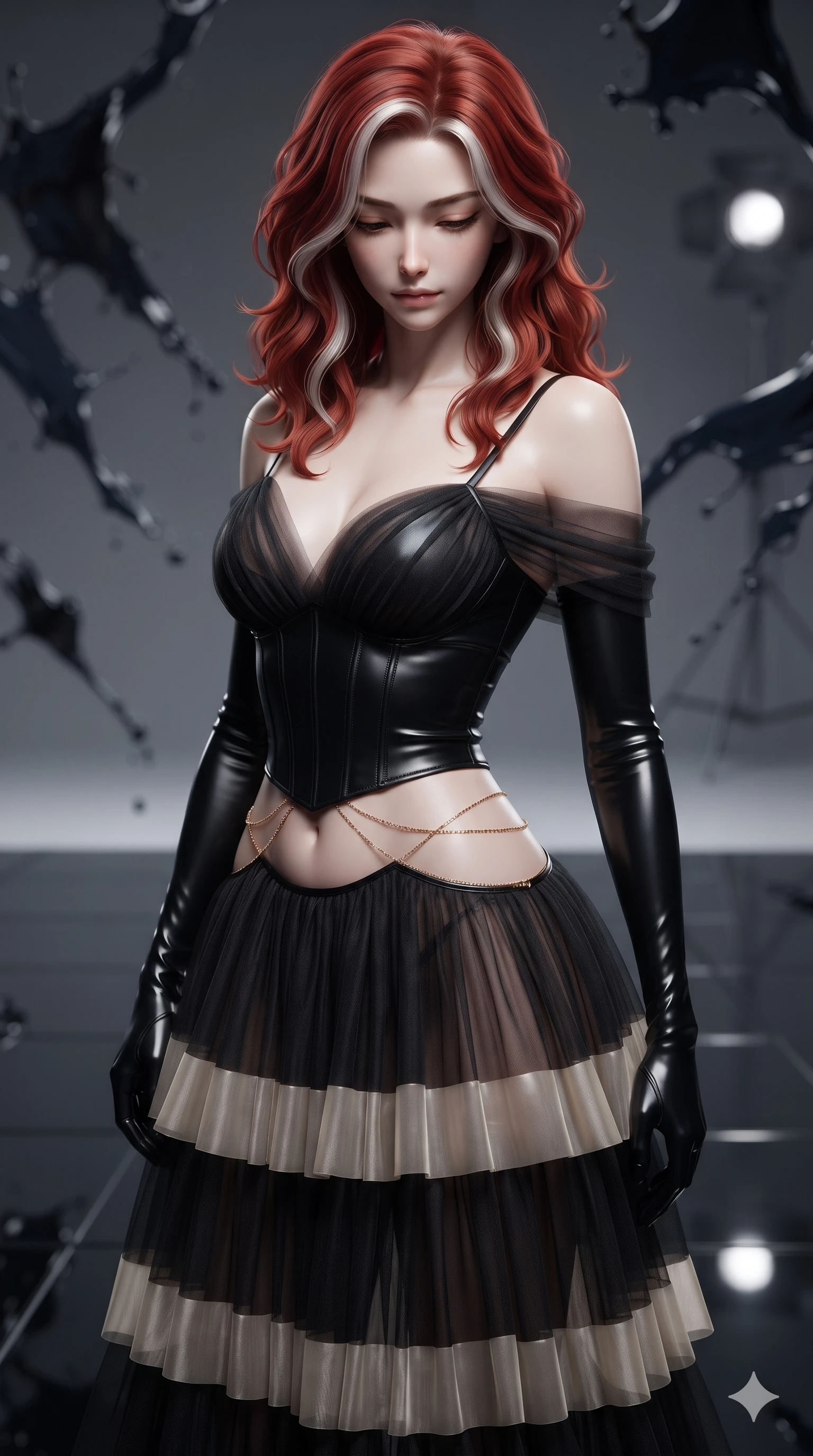 score_9, masterpiece, best quality, ultra-detailed, high-budget anime keyframe, editorial fashion photography, tasteful artistic composition, Caucasian woman. close-up cowboy shot from the waist and thighs up, the character dominates the composition, filling the frame with her large presence. looking down with lowered lashes and a composed, powerful dark aura, her tailored outfit tracing her curves while twisting her slender torso in an alluring contrapposto stance across the mirrored glass floor, dark glossy reflections contouring her waist and hips. The background shows a soft-focus suspended splashes of dark acrylic paint, cold studio shadows, and distant gallery floodlights blurred into charcoal, pitch-black, and obsidian bokeh. She has an exceptionally elegant, slender, and willowy female figure with an ultra-slim waist, flat toned midriff, narrow ribcage, and sculpted feminine hips creating an alluring, slim hourglass silhouette without bulk. sharp v-shaped jawline, high-bridge nose, intricate jewel-like dark sparkling eyes with hypnotic seductive depth, thick curled eyelashes, glossy parted lips with a natural wine sheen, alluring bedroom-eyes with an enigmatic smoldering smile, exuding magnetic sovereign charisma and dark avant-garde glamour, flawlessly proportioned anatomical accuracy, strict slender model proportions, natural body alignment, perfectly sculpted long slender limbs, ultra-slim waistline, clean dynamic posture without body distortion. wearing a tiered semi-sheer black tulle and silk slip dress with an ultra-slim corseted waist and bare shoulders in celestial champagne ivory and high-gloss jet black, made of supple butter-soft lambskin leather with a subtle satin sheen, accented with a dainty gold belly chain resting across her flat midriff and curving hips, the glove-like silhouette tightly following the natural contour of her hips and long slender legs with youthful 8.5-heads elegance. lit by a single intense key ray accentuating liquid paint contours against pitch-black shadows. ultra-reflective glossy finish, specular highlights, metallic sheen, high-contrast stereoscopic depth, volumetric dynamic lighting, 2k, ultra detail, master piece, 9:16 ratio