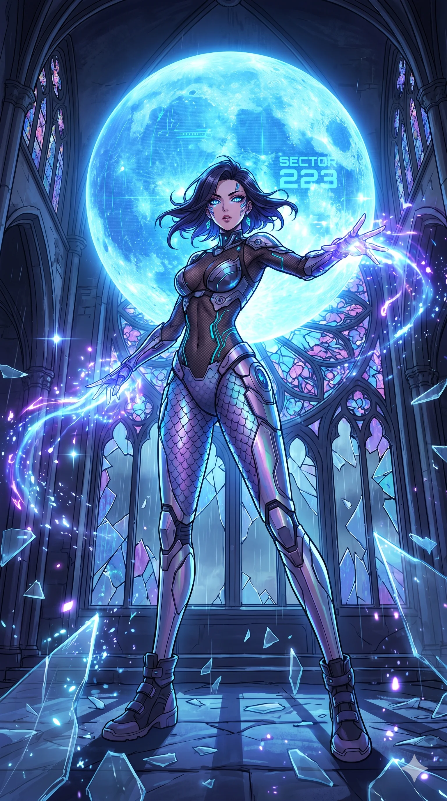score_9, masterpiece, best quality, ultra-detailed, Set A: High-budget Anime Keyframe, Japanese woman. Low angle cowboy shot filling the entire 9:16 frame with her statuesque presence. Casting a spell through a shattered glass cathedral, with a massive holographic moon rising behind her marked as sector 223 and surrounded by glowing energy sparks. She has an absolutely perfect 8-heads proportion, an exceptionally tall and slender female figure with impossibly long slender legs and an ultra-slim waist. Sharp v-shaped jawline, high-bridge nose, intricate jewel-like eyes with depth, thick eyelashes, glossy lips with a natural sheen. Wearing Cybernetic mermaid tail-suit with iridescent scales and a sheer mesh top. Cinematic lighting, vibrant colors, dramatic shadows, 2k, ultra detail, master piece, 9:16 ratio