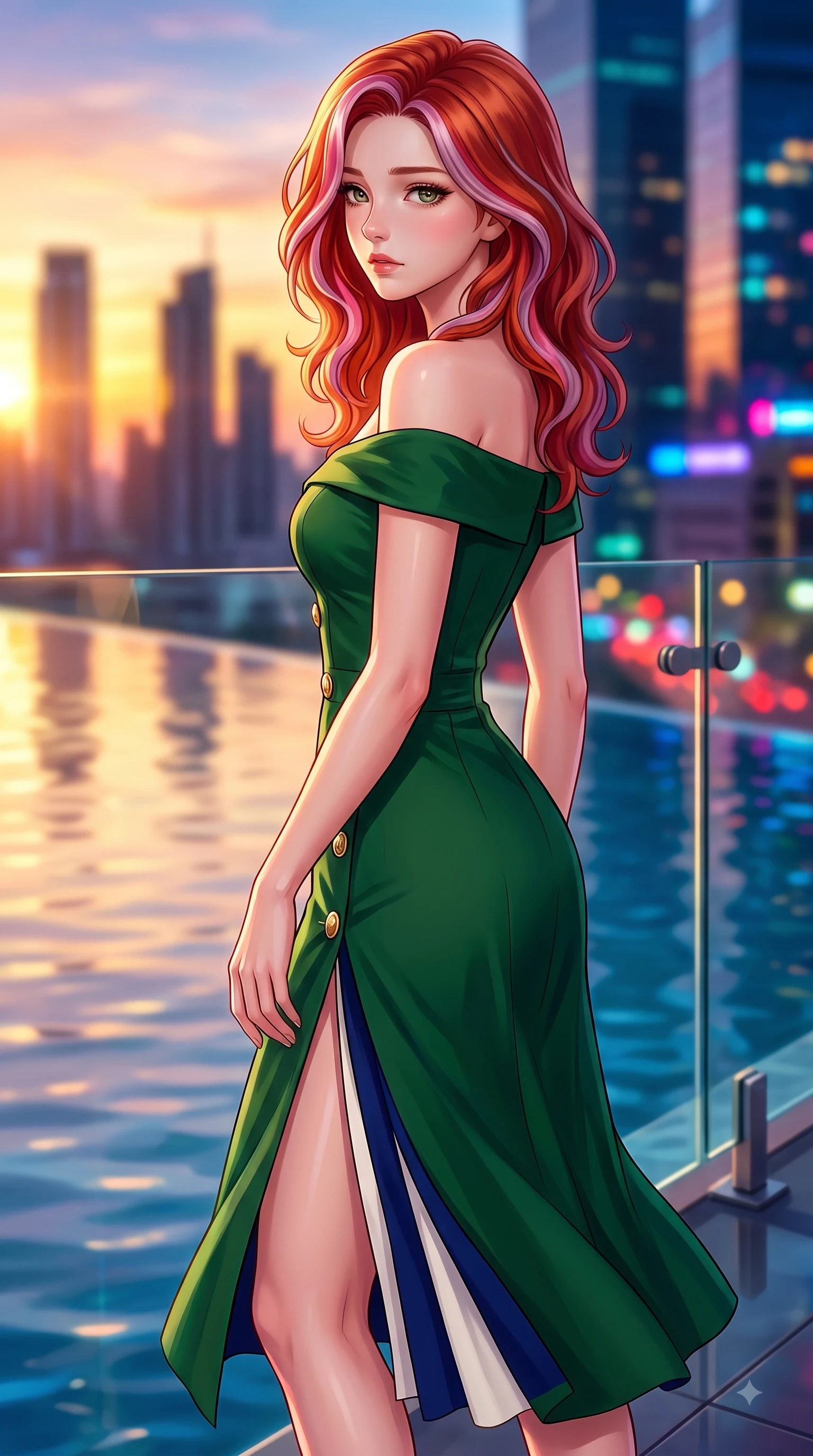 score_9, masterpiece, best quality, ultra-detailed, high-budget anime keyframe, editorial fashion photography, tasteful artistic composition, Caucasian woman. close-up cowboy shot from the waist and thighs up, the character dominates the composition, filling the frame with her large presence. Tender lingering expression with a quiet reluctant backward glance, as if hesitating to leave the moment while pivoting dynamically near a glass infinity pool edge with city skyscraper silhouettes behind. The composition keeps background elements in soft focus with dreamy bokeh. infinity pool water reflections and glass railings softened in smooth shallow focus. She has an exceptionally elegant, slender, and willowy female figure with an ultra-slim waist, a gracefully sculpted slender torso, and a refined silhouette. sharp v-shaped jawline, high-bridge nose, intricate jewel-like eyes with depth, thick eyelashes, glossy lips with a natural sheen, flawlessly proportioned anatomical accuracy, natural body alignment, perfectly sculpted elegant limbs, clean dynamic posture without body distortion. wearing a vibrant forest green off-shoulder midi dress with a tasteful front slit in royal navy blue and pure ivory, tailored from crisp high-density cotton poplin, finished with gold metallic hardware buttons along the front, the form-contouring material accentuating her ultra-slim waist and long lines. bathed in dramatic golden hour sunset glow and vibrant urban night lights. highly saturated vibrant anime colors, detailed shading with soft gradients, rich glossy textures, high-contrast stereoscopic depth, volumetric dynamic lighting, master piece, 9:16 ratio