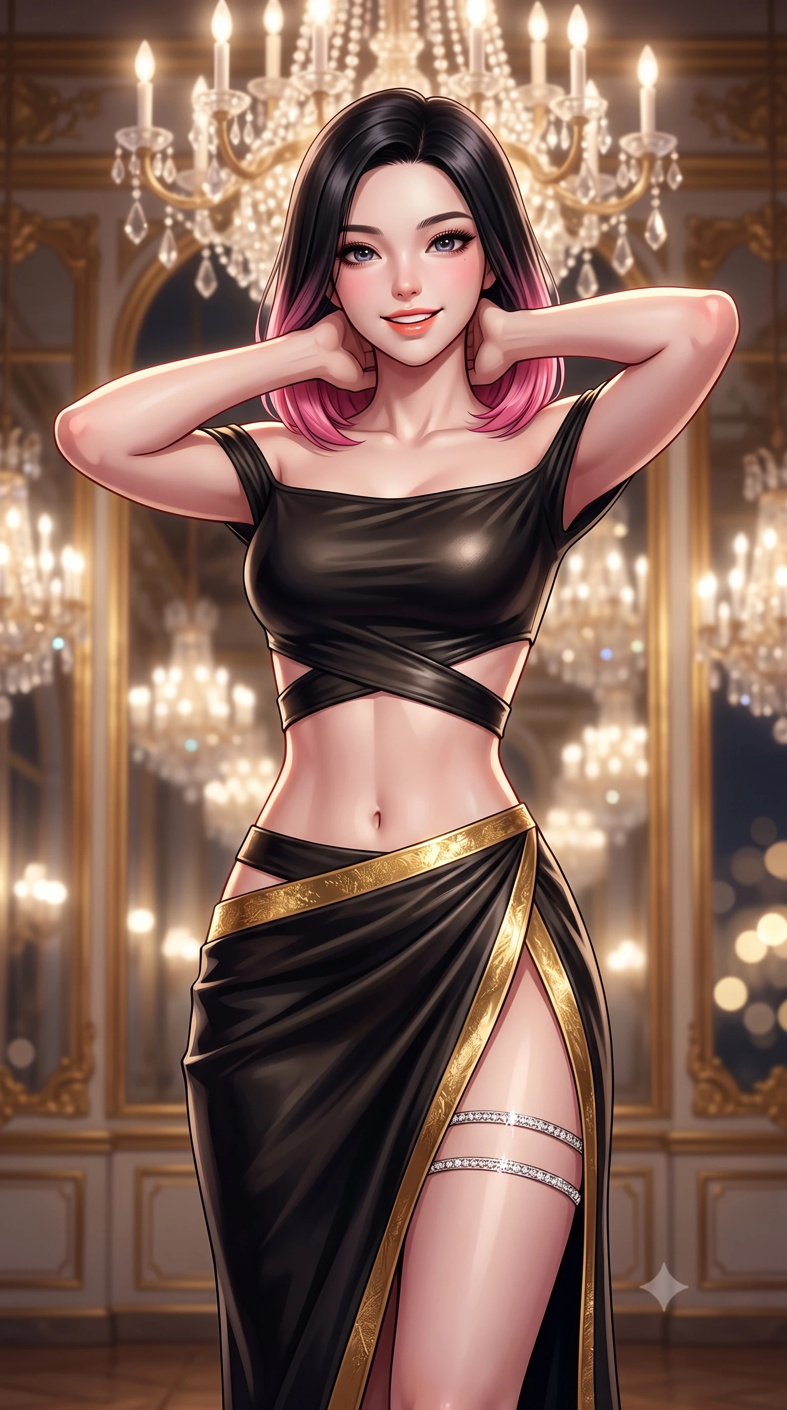 score_9, masterpiece, best quality, ultra-detailed, high-budget anime keyframe, semi-realistic 3D game render, editorial fashion photography, tasteful artistic composition, Korean woman. close-up cowboy shot from the waist and thighs up, the character dominates the composition, filling the frame with her large presence. resting both hands lightly behind her neck with elbows raised, arching her spine to highlight her narrow waist, flat midriff, and breathtaking collarbones while standing centered in the monumental mirrored gallery, arching her spine with sovereign supermodel posture as crystal chandeliers reflect into infinity. The background shows a soft-focus infinite crystal chandelier reflections in tall French mirrors, gold-leaf rococo boiserie panels, and Heldenplatz square at night blurred into champagne, ivory, and gold bokeh. She has an exceptionally elegant, slender, and willowy female figure with an ultra-slim waist, flat toned midriff, narrow ribcage, and sculpted feminine hips creating an alluring, slim hourglass silhouette without bulk. sharp v-shaped jawline, high-bridge nose, intricate jewel-like sparkling eyes with depth, thick eyelashes, glossy parted lips with a natural peach sheen, bright cheerful beaming smile with an enchanting and coquettish sensual glint, exuding both youthful cute charm and seductive allure, flawlessly proportioned anatomical accuracy, strict slender model proportions, natural body alignment, perfectly sculpted long slender limbs, ultra-slim waistline, clean dynamic posture without body distortion. wearing a provocative off-the-shoulder crop top with asymmetrical side-torso cutouts and a high-slit wrap skirt in Viennese golden secession noir and imperial 24k gold leaf, woven from buttery-soft stretch lambskin leather adhering to her body like a second skin, finished with delicate crystal-encrusted thigh garter straps glinting in the dim light, the high-slit wrap tailoring accentuating her ultra-slim waistline and the enchanting curve of her feminine hips with alluring seductive charm. bathed in the sparkling multi-tiered illumination of antique Austrian crystal chandeliers dimmed to an evening glow. highly saturated vibrant anime colors, detailed shading with soft gradients, rich glossy textures, high-contrast stereoscopic depth, volumetric dynamic lighting, master piece, 9:16 ratio