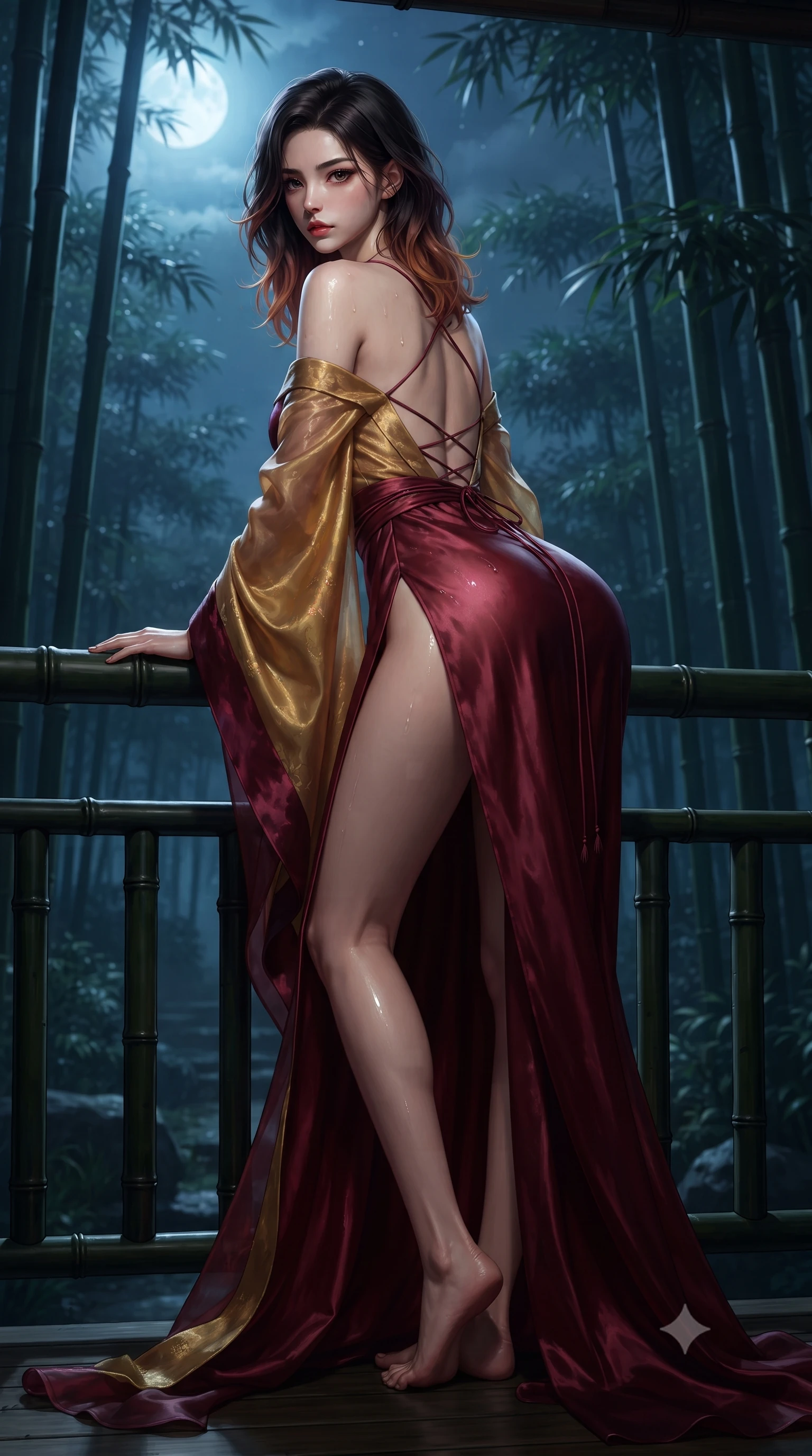 score_9, masterpiece, best quality, ultra-detailed, high-budget anime keyframe, editorial fashion photography, tasteful artistic composition, Korean woman. low angle full-body shot from head to toe showing her feet, filling the entire 9:16 vertical frame with her statuesque presence, stretching her vertical silhouette. posing with back turned slightly to the lens, glancing back with smoldering allure as she arches her lower back to emphasize her sculpted feminine hips and slender waist while leaning forward over the dark bamboo veranda railing with lower back arched, looking over her bare shoulder into the moonlit bamboo grove. The surrounding environment is rendered in vivid detail and crisp panoramic clarity. atmospheric nocturnal Japanese chiaroscuro and serene hot-spring retreat luxury rendered with precision. She has an absolutely perfect, statuesque 8.5-heads proportion, an exceptionally tall and slender model-like female figure with impossibly long slender legs, a toned flat midriff, an ultra-slim waist, and beautifully sculpted feminine hips. sharp v-shaped jawline, high-bridge nose, intricate jewel-like eyes with depth, thick eyelashes, glossy parted lips with a natural sheen, intensely captivating and seductive bedroom-eyes expression, flawlessly proportioned anatomical accuracy, strict slender model proportions, natural body alignment, perfectly sculpted long slender limbs, ultra-slim waistline, clean dynamic posture without body distortion. wearing a backless off-shoulder silk kimono gown with fluttering drapes and an ultra-high side slit in imperial gold and deep crimson silk, crafted from weightless prism organza that refracts light with every motion, finished with a dramatic open back framed by criss-cross delicate silk cords, the dramatically scooped open back descending to the base of her spine, accentuating her razor-sharp statuesque lines and curvy hourglass silhouette. illuminated by wet specular highlights accentuating her slender neckline, sculpted waist, and rounded hips. ultra-reflective glossy finish, specular highlights, rich textural contrasts, high-contrast stereoscopic depth, volumetric dynamic lighting, 2k, ultra detail, master piece, 9:16 ratio