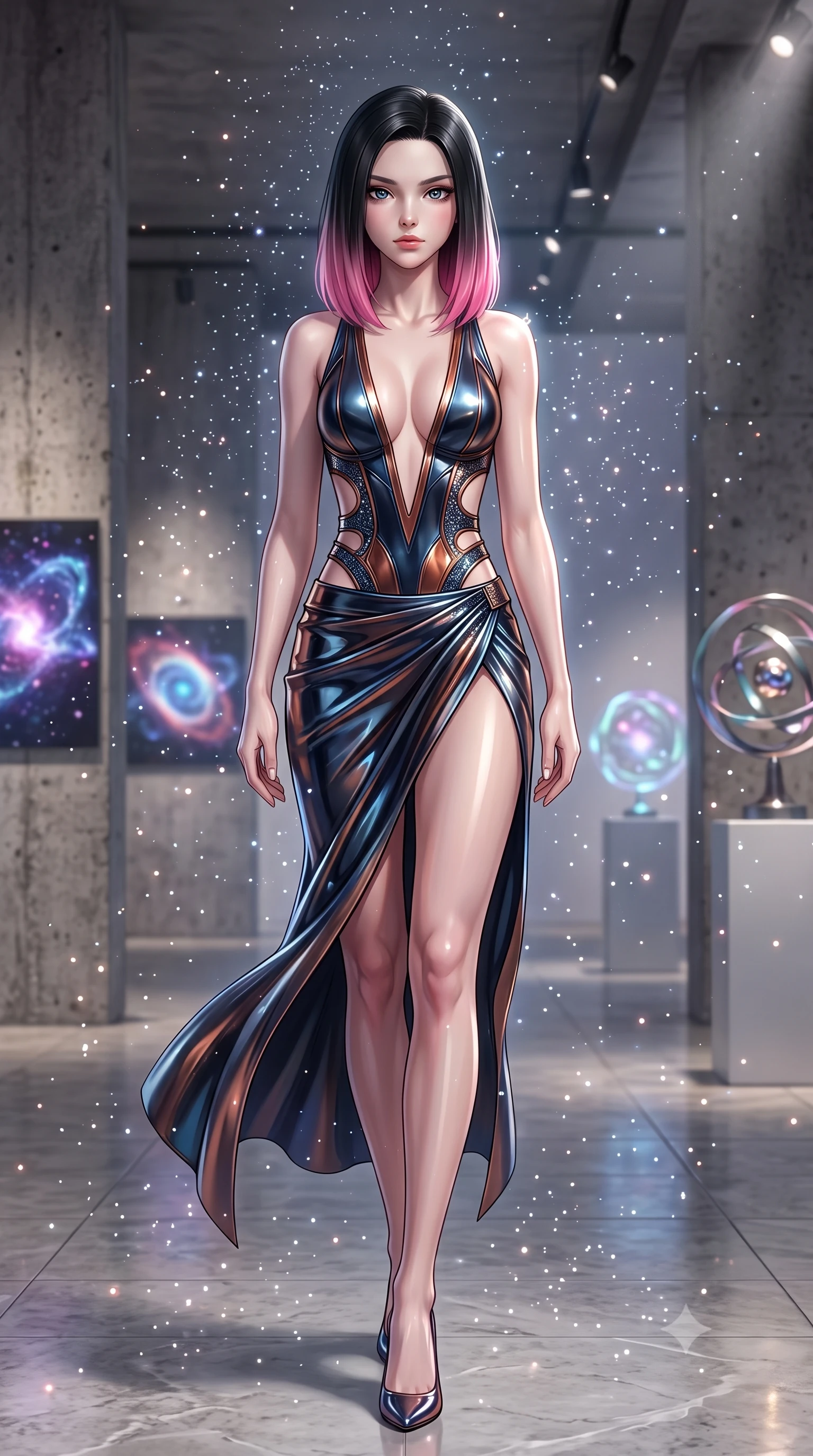 score_9, masterpiece, best quality, ultra-detailed, high-budget anime keyframe, editorial fashion photography, tasteful artistic composition, Korean woman. low angle full-body shot from head to toe showing her feet, filling the entire 9:16 vertical frame with her statuesque presence, stretching her vertical silhouette. stepping gracefully through floating stardust particles, her body-contouring suit showing her athletic, slender silhouette, the background shows a soft-focus a solarium art gallery lounge with concrete pillars and holographic art. She has an absolutely perfect, statuesque 8.5-heads proportion, an exceptionally tall and slender model-like female figure with impossibly long slender legs and an ultra-slim waist. sharp v-shaped jawline, high-bridge nose, intricate jewel-like eyes with depth, thick eyelashes, glossy lips with a natural sheen. wearing a body-hugging deep plunging-V neck bodycon armor top, featuring keyhole cutouts along the ribs and a thigh-slit wrap skirt. focused spotlights casting sharp, detailed highlights on her clothing. ultra-reflective glossy finish, specular highlights, metallic sheen, high-contrast stereoscopic depth, volumetric dynamic lighting, 2k, ultra detail, master piece, 9:16 ratio