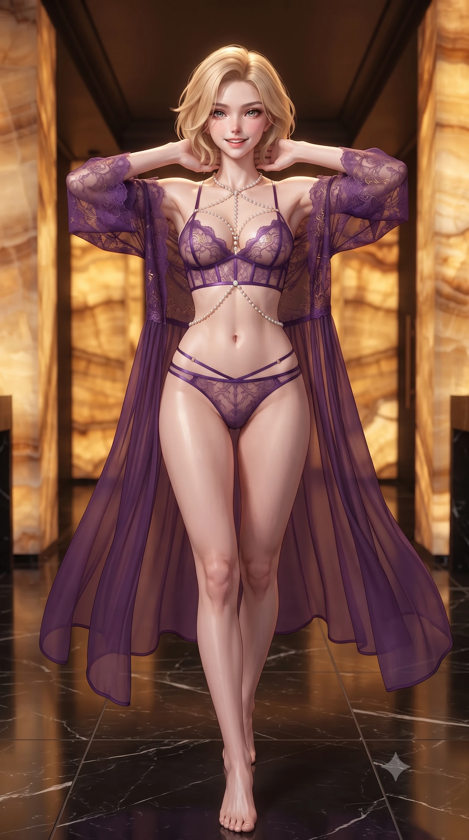 score_9, masterpiece, best quality, ultra-detailed, high-budget anime keyframe, editorial fashion photography, tasteful artistic composition, Caucasian woman. close-up cowboy shot from the waist and thighs up, the character dominates the composition, filling the frame with her large presence. resting both hands lightly behind her neck with elbows raised, arching her spine to highlight her narrow waist, flat midriff, and breathtaking collarbones while walking slowly across the polished black marble floor with tall model strides, her sheer gown revealing her long slender legs. The surrounding environment is rendered in vivid detail and crisp panoramic clarity: detailed sheer mesh corset dress panels, exposed boning, and master architectural craftsmanship in high resolution. She has an exceptionally elegant, slender, and willowy female figure with an ultra-slim waist, flat toned midriff, narrow ribcage, and sculpted feminine hips creating an alluring, slim hourglass silhouette without bulk. sharp v-shaped jawline, high-bridge nose, intricate jewel-like sparkling eyes with depth, thick eyelashes, glossy parted lips with a natural peach sheen, bright cheerful beaming smile with an enchanting and coquettish sensual glint, exuding both youthful cute charm and seductive allure, flawlessly proportioned anatomical accuracy, strict slender model proportions, natural body alignment, perfectly sculpted long slender limbs, ultra-slim waistline, clean dynamic posture without body distortion. wearing a delicate sheer lace boudoir robe worn loose and slipping off bare shoulders over a matching strappy bralette and briefs in rich royal amethyst purple and gilded filigree, made of sheer gossamer chiffon that drapes softly against skin with airy translucence, accented with a pearl-drop body harness subtly framing her dewy collarbones and spine, the glove-like clinging cut tightly following the natural contour of her hips and long slender legs with youthful 8.5-heads elegance. bathed in the rich, radiant warm-amber backlight radiating through the translucent onyx stone. ultra-reflective glossy finish, specular highlights, rich textural contrasts, high-contrast stereoscopic depth, volumetric dynamic lighting, 2k, ultra detail, master piece, 9:16 ratio