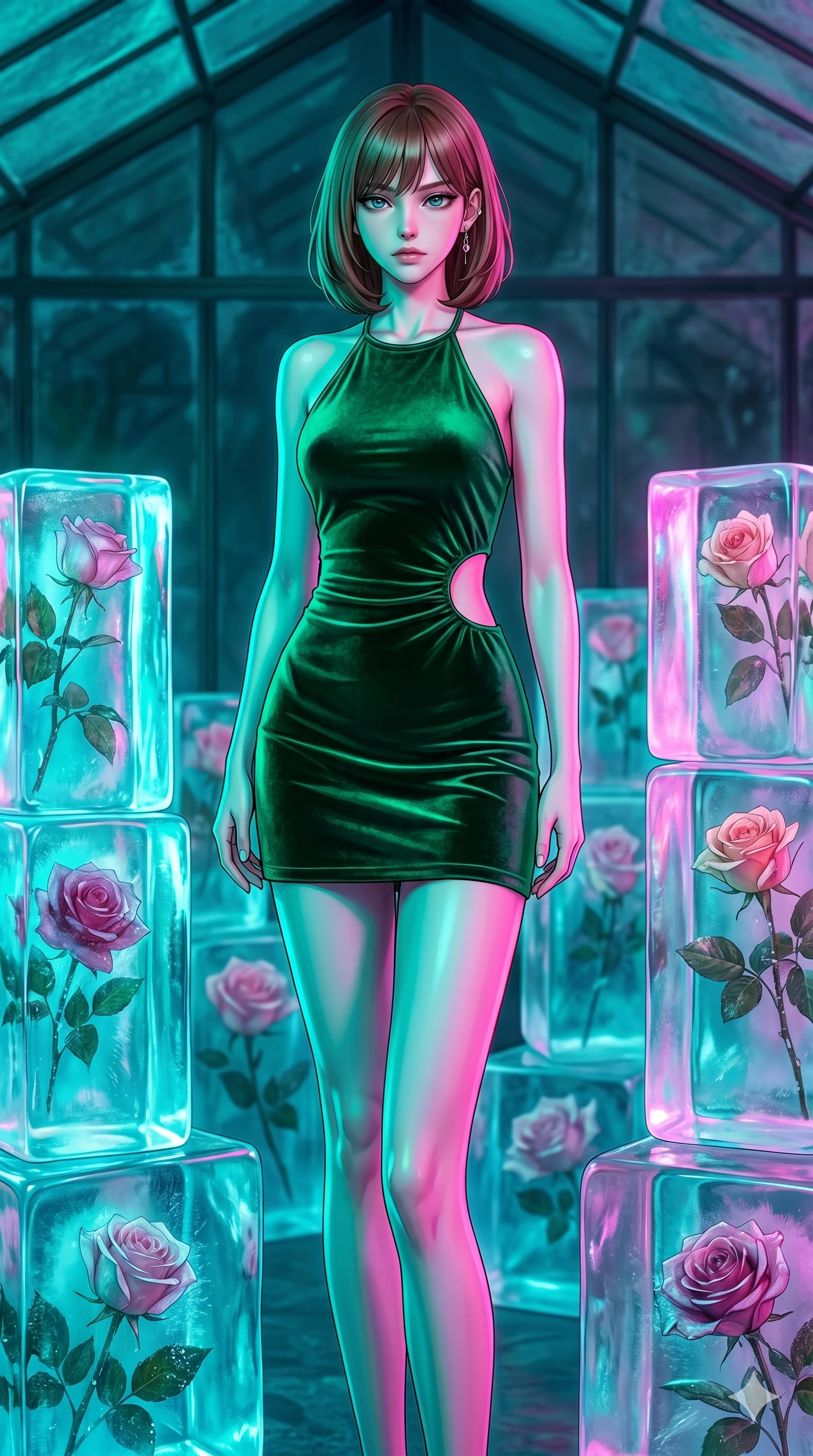score_9, masterpiece, best quality, ultra-detailed, high-budget anime keyframe, editorial fashion photography, tasteful artistic composition, Caucasian woman, strictly human ears. cowboy shot from the thighs up, character and outfit filling the frame for maximum editorial presence. Casting a slow, direct gaze beneath heavy lashes with quiet intensity inside a winter greenhouse where roses are frozen in blocks of glowing ice. She has an absolutely perfect 8-heads proportion, an exceptionally tall and slender female figure with impossibly long slender legs and an ultra-slim waist. V-shaped jawline, high-bridge nose, intricate jewel-like eyes with depth, thick eyelashes, glossy lips with a natural sheen. wearing an emerald green velvet mini dress with a halter neckline, featuring a single circular cutout at the left side of the waist. under intense neon teal and magenta split-lighting creating vivid chromatic contrast on her figure. 2k, ultra detail, master piece, 9:16 ratio
