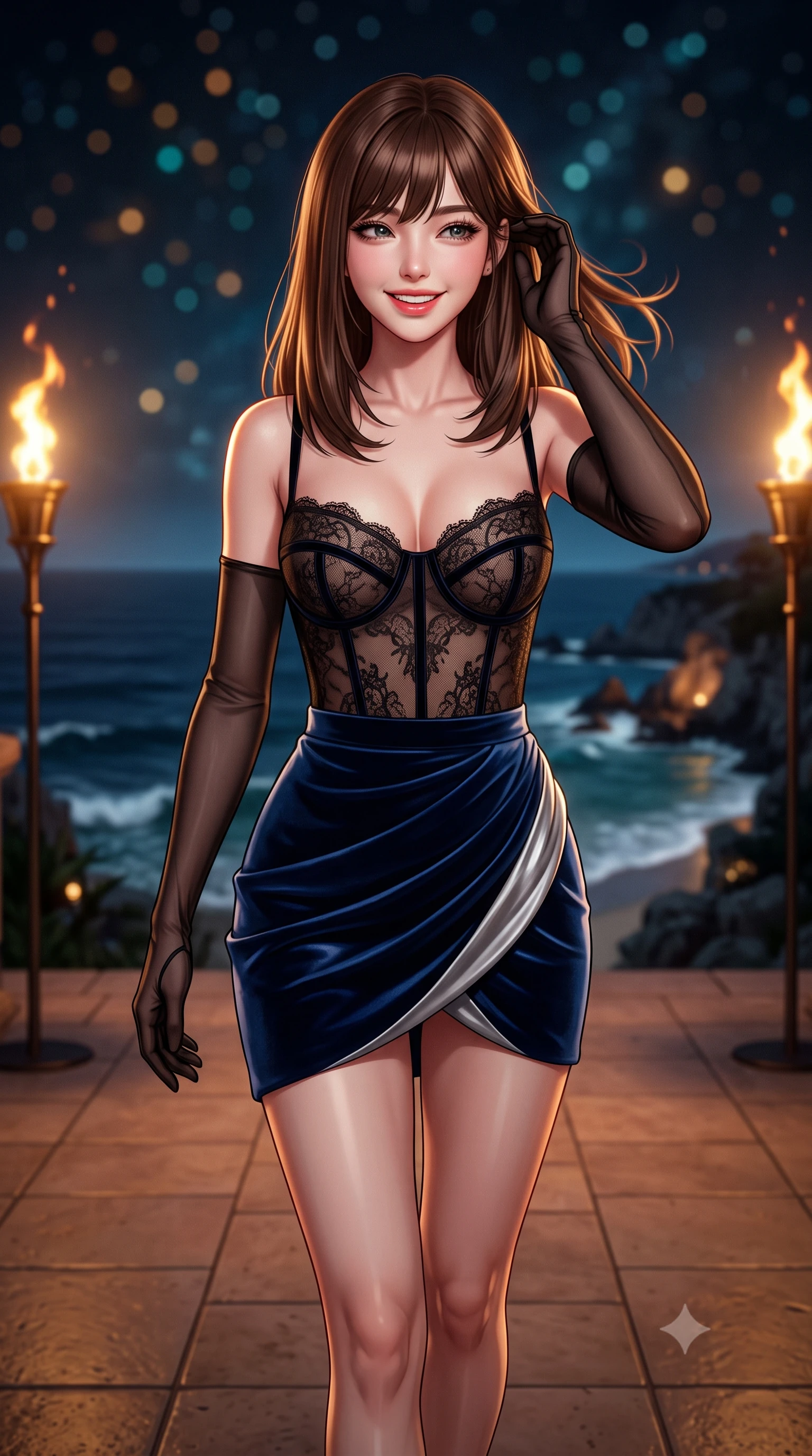 score_9, masterpiece, best quality, ultra-detailed, high-budget anime keyframe, semi-realistic 3D game render, editorial fashion photography, tasteful artistic composition, Korean woman. close-up cowboy shot from the waist and thighs up, the character dominates the composition, filling the frame with her large presence. gently brushing a lock of hair behind her ear while casting a playful, flirtatious side-gaze with long eyelashes while walking slowly along the tiled terrace with tall model strides, evening sea breezes molding her sheer gown to her slender legs. The background shows a soft-focus flickering flame ribbons from brass torches, dark waves rolling into illuminated rocky inlets, and starry sky blurred into amber, turquoise, and obsidian bokeh. She has an exceptionally elegant, slender, and willowy female figure with an ultra-slim waist, flat toned midriff, narrow ribcage, and sculpted feminine hips creating an alluring, slim hourglass silhouette without bulk. sharp v-shaped jawline, high-bridge nose, intricate jewel-like sparkling eyes with depth, thick eyelashes, glossy parted lips with a natural peach sheen, bright cheerful beaming smile with an enchanting and coquettish sensual glint, exuding both youthful cute charm and seductive allure, flawlessly proportioned anatomical accuracy, strict slender model proportions, natural body alignment, perfectly sculpted long slender limbs, ultra-slim waistline, clean dynamic posture without body distortion. wearing a sculpted underwire bustier in sheer noir lace with velvet piping paired with an ultra-short draped tulip skirt in Thames nocturnal sapphire and liquid platinum, tailored from ultra-plush silk velvet with rich tactile depth and deep shadow gradients, complemented by sheer opera-length evening gloves tracing her slender arms, the liquid-tight tailored fabric clinging flawlessly to her narrow waist and rounded feminine hips, emphasizing every millimeter of her sculpted slim hourglass curves without any bulky heaviness. bathed in the dramatic warm 2100K flame glow of dancing oil torches mixed with cool Mediterranean sea moonlight. highly saturated vibrant anime colors, detailed shading with soft gradients, rich glossy textures, high-contrast stereoscopic depth, volumetric dynamic lighting, master piece, 9:16 ratio
