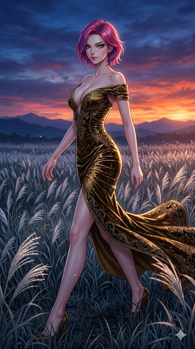 score_9, masterpiece, best quality, ultra-detailed, High-budget Anime Keyframe, East Asian woman. Dynamic full-body shot stretching the vertical silhouette to the limit. Scenario 188: Walking through a field of tall silver grass at twilight. Her pres