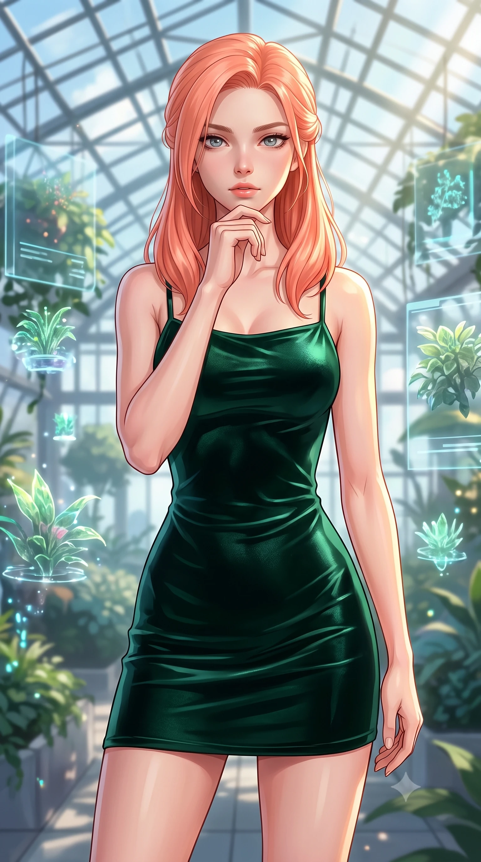 score_9, masterpiece, best quality, ultra-detailed, high-budget anime keyframe, editorial fashion photography, tasteful artistic composition, Japanese woman woman. close-up cowboy shot from the waist and thighs up, the character dominates the composition, filling the frame with her large presence, background elements kept in soft focus. She has an exceptionally elegant, slender, and willowy female figure with an ultra-slim waist, a gracefully sculpted slender torso, and a refined silhouette. resting her chin on the back of her fingers in a thoughtful and effortless pose, flawlessly proportioned anatomical accuracy, natural body alignment, perfectly sculpted elegant limbs, clean dynamic posture without body distortion. set against a soft-focus background of a futuristic botanical pavilion with floating hologram plants. wearing a fitted dark emerald velvet slip dress with a smooth liquid sheen and delicate straps. bathed in dappled morning sunlight filtering through glass roof grid structures. highly saturated vibrant anime colors, detailed shading with soft gradients, rich glossy textures, high-contrast stereoscopic depth, volumetric dynamic lighting, master piece, 9:16 ratio