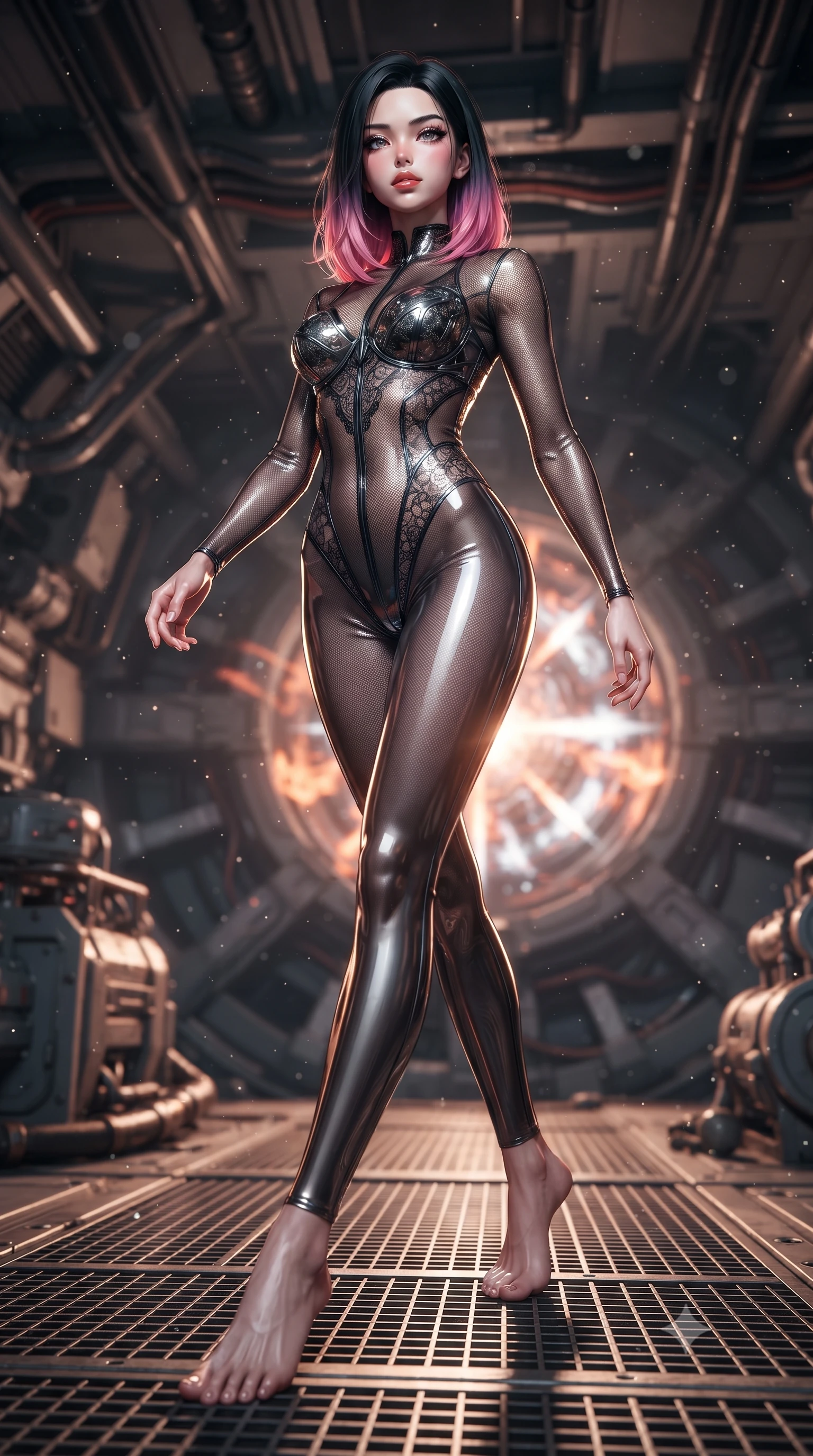 score_9, masterpiece, best quality, ultra-detailed, high-budget anime keyframe, editorial fashion photography, tasteful artistic composition, Korean woman. low angle full-body shot from head to toe showing her feet, filling the entire 9:16 vertical frame with her statuesque presence, stretching her vertical silhouette. stepping gracefully through floating stardust particles, her body-contouring suit showing her athletic, slender silhouette, the background shows a soft-focus the engine room viewing platform of a solar sail ship facing the fusion core. She has an absolutely perfect, statuesque 8.5-heads proportion, an exceptionally tall and slender model-like female figure with impossibly long slender legs and an ultra-slim waist. sharp v-shaped jawline, high-bridge nose, intricate jewel-like eyes with depth, thick eyelashes, glossy lips with a natural sheen. wearing a form-contouring semi-opaque dark mesh catsuit with carbon-plated cups and fine lace-pattern panels across her torso. shifting orange and white plasma flares casting high-contrast chiaroscuro shadows. ultra-reflective glossy finish, specular highlights, metallic sheen, high-contrast stereoscopic depth, volumetric dynamic lighting, 2k, ultra detail, master piece, 9:16 ratio