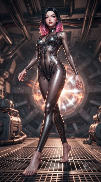 score_9, masterpiece, best quality, ultra-detailed, high-budget anime keyframe, editorial fashion photography, tasteful artistic composition, Korean woman. low angle full-body shot from head to toe showing her feet, filling the entire 9:16 vertical f