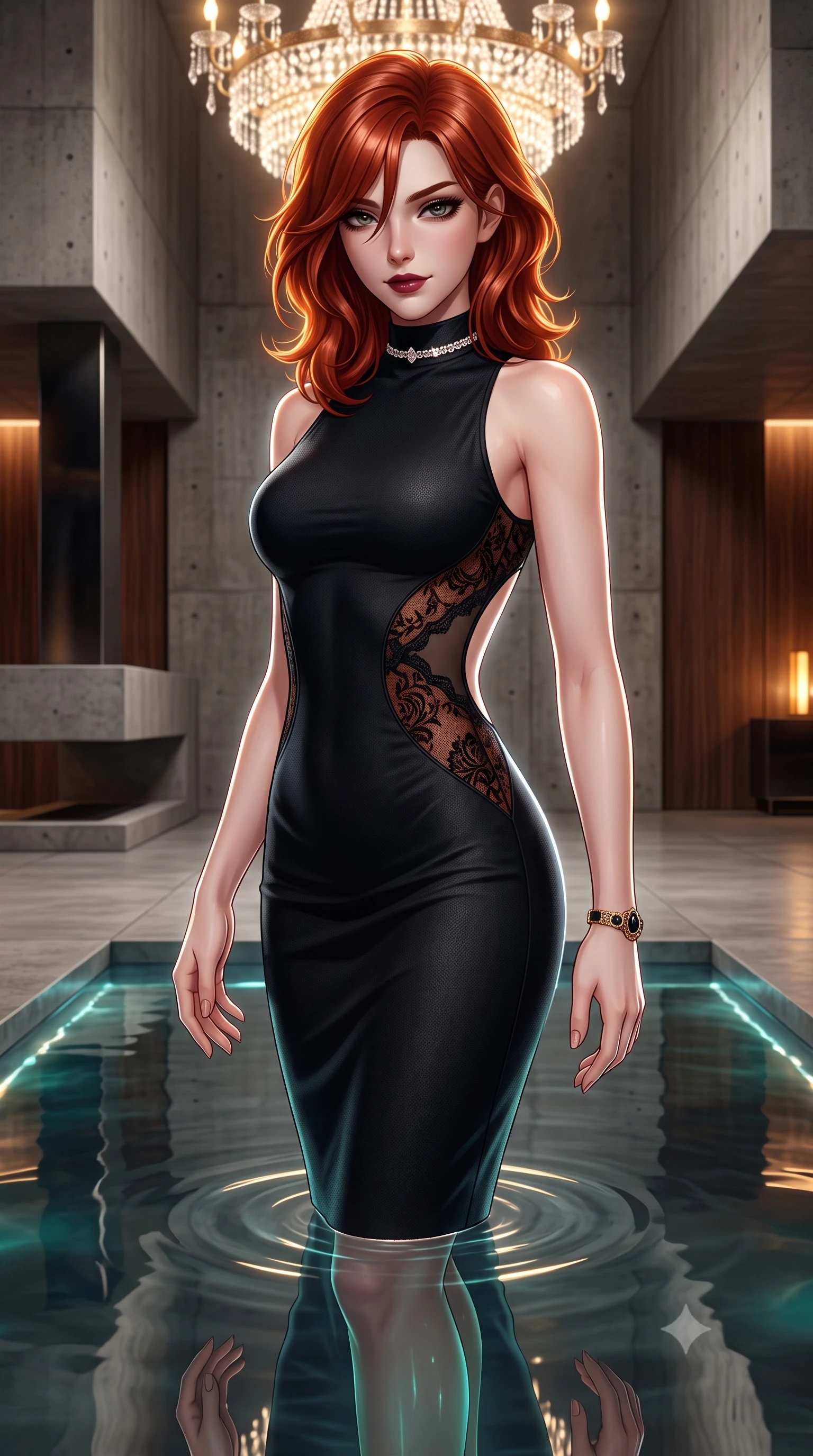 score_9, masterpiece, best quality, ultra-detailed, high-budget anime keyframe, semi-realistic 3D game render, editorial fashion photography, tasteful artistic composition, Korean woman. close-up cowboy shot from the waist and thighs up, the character dominates the composition, filling the frame with her large presence. turning slowly with a smoldering smile, her glossy dark hair catching the amber chandelier rim light as her hips angle gracefully in a captivating contrapposto while standing poised in the center of the shallow reflection basin with hips cocked back, casting an ethereal, dangerous bedroom-gaze toward the camera. The surrounding environment is rendered in vivid detail and crisp panoramic clarity. detailed evening dress drape, moonlight sheen on skin, and modern brutalist-luxury chamber clarity in high resolution. She has an exceptionally elegant, slender, and willowy female figure with an ultra-slim waist, flat toned midriff, narrow ribcage, and sculpted feminine hips creating an alluring, slim hourglass silhouette without bulk. sharp v-shaped jawline, high-bridge nose, intricate jewel-like dark sparkling eyes with dangerous depth, thick curled eyelashes, glossy parted lips with a rich wine sheen, smoldering seductive half-smile with bedroom-eyes, exuding effortless superiority and intoxicating dark allure, flawlessly proportioned anatomical accuracy, strict slender model proportions, natural body alignment, perfectly sculpted long slender limbs, ultra-slim waistline, clean dynamic posture without body distortion. wearing a high-neck sleeveless bodycon dress in textured matte obsidian with side-torso semi-sheer mesh inserts in dark burnt copper and matte black, crafted from sheer delicate Chantilly lace with intricate gothic floral motifs, finished with a delicate diamond choker catching the chandelier light, the precision-cut side openings and low-back scoop framing her graceful spine and the sensual sweep of her slim, toned hips. illuminated by subtle underwater fiber-optic perimeter lights and crisp platinum rim lighting sharply carving her slim torso, narrow waist, and curvy hips. highly saturated vibrant anime colors, detailed shading with soft gradients, rich glossy textures, high-contrast stereoscopic depth, volumetric dynamic lighting, master piece, 9:16 ratio