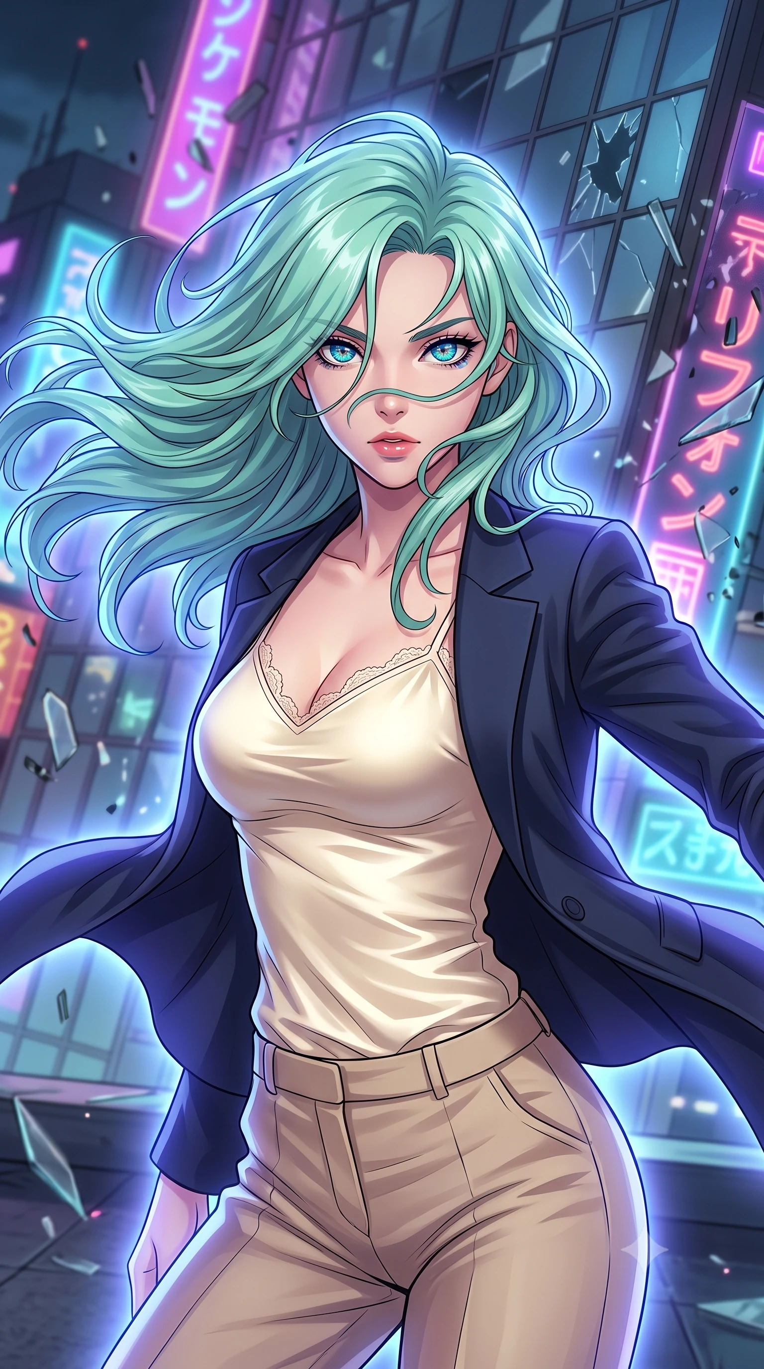 score_9, masterpiece, best quality, ultra-detailed, high-budget anime keyframe, clean line-art, cel-shading, Japanese woman. close-up cowboy shot from the waist and thighs up, the character dominates the composition, filling the frame with her large presence, background elements kept in soft focus. Executing a sudden, fast pivot to face the camera, her hair whipping violently across her face. set against a soft-focus background of the rooftop of a cyberpunk skyscraper tilting and collapsing, neon signs shattering and glass panels sliding off the facade. She has an exceptionally elegant and slender, willowy female figure with an ultra-slim waist, a gracefully sculpted slender torso, and a refined slim physique. sharp v-shaped jawline, high-bridge nose, intricate jewel-like eyes with depth, thick eyelashes, glossy lips with a natural sheen. wearing the lightweight fabric rippling and billowing dramatically with her movement, a body-hugging cream satin camisole with delicate lace trim, layered under a structured navy blazer and beige trousers. cool ethereal blue-violet bioluminescent glow wrapping around her from all sides. highly saturated vibrant anime colors, intense vivid color palette, volumetric dynamic lighting, 2k, ultra detail, master piece, 9:16 ratio