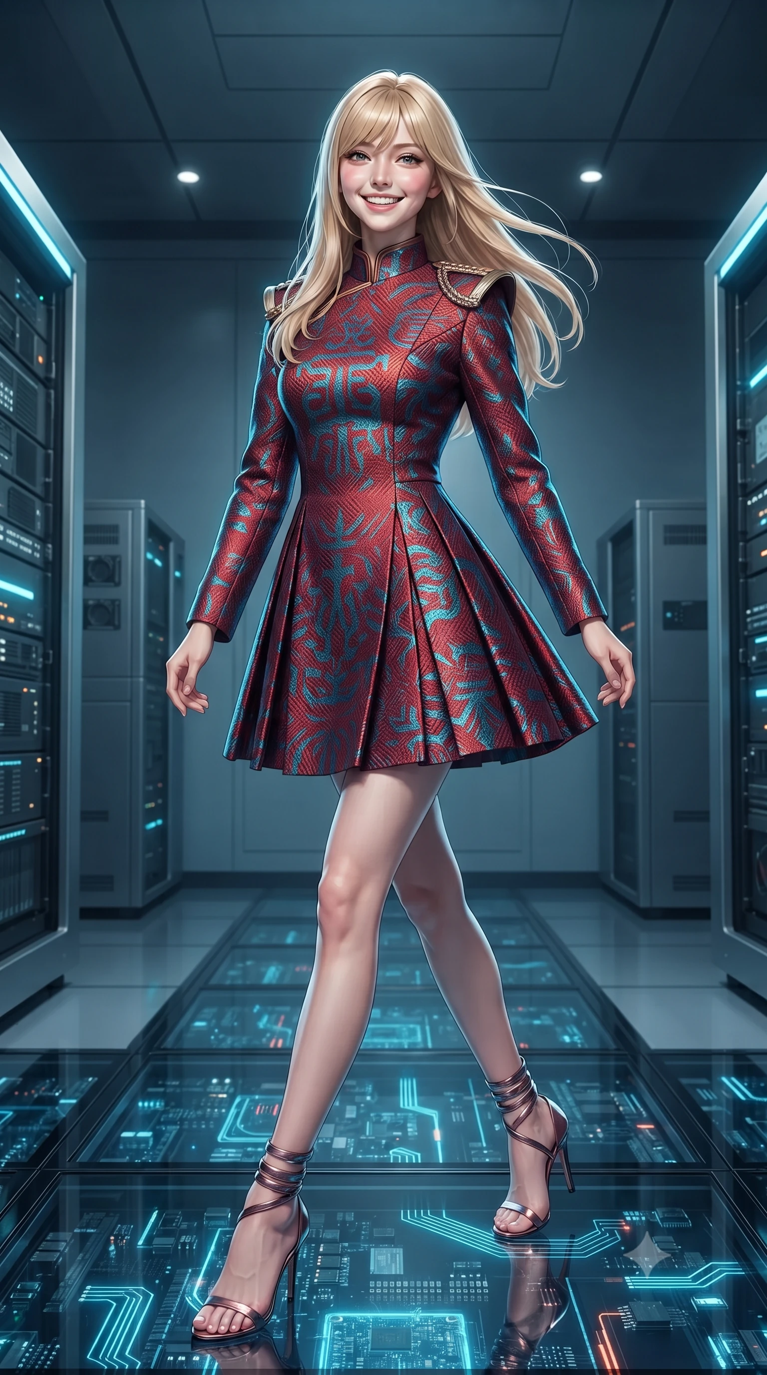score_9, masterpiece, best quality, ultra-detailed, high-budget anime keyframe, editorial fashion photography, tasteful artistic composition, Japanese woman. low angle full-body shot from head to toe showing her feet, filling the entire 9:16 vertical frame with her statuesque presence, stretching her vertical silhouette. stepping forward in a confident stride, her long slender legs and curvaceous hips creating a dynamic, sweeping vertical line while lounging gracefully against the central diagnostic console propped on one elbow with legs extended, displaying her long slender limbs and statuesque hourglass silhouette. The surrounding environment is rendered in vivid detail and crisp panoramic clarity: sharp brushed titanium server housings, intricate crystalline micro-circuits beneath glass flooring, and glowing bus-bar conduit details in deep focus. She has an exceptionally tall and slender model-like 8.5-heads proportion, an ultra-slim waist, a flat toned midriff, narrow delicate ribcage, and beautifully sculpted feminine hips creating a graceful, slim hourglass silhouette without any bulky heaviness, with impossibly long slender legs. sharp v-shaped jawline, high-bridge nose, intricate jewel-like sparkling eyes with depth, thick eyelashes, glossy parted lips with a natural peach sheen, bright cheerful beaming smile with an enchanting and coquettish sensual glint, exuding both youthful cute charm and seductive allure, flawlessly proportioned anatomical accuracy, strict slender model proportions, natural body alignment, perfectly sculpted long slender limbs, ultra-slim waistline, clean dynamic posture without body distortion. wearing a structured deep-space commander dress uniform with stand-up mandarin collar and pleated A-line skirt in cyber-shinto vermilion and electric teal, woven from structured carbon-fiber jacquard with rich textural depth, complemented by strappy stiletto sandals with metallic ankle wraps accentuating her slender calves, the impeccably tailored cut draping gracefully along her slender figure with aristocratic poise. illuminated by glass gantry reflection bounce and sharp laser-cyan rim lights defining her razor-sharp jawline, narrow waist, and curvy hips. ultra-reflective glossy finish, specular highlights, rich textural contrasts, high-contrast stereoscopic depth, volumetric dynamic lighting, 2k, ultra detail, master piece, 9:16 ratio