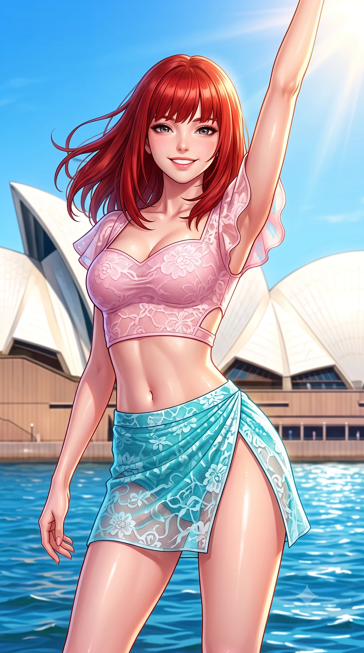 score_9, masterpiece, best quality, ultra-detailed, high-budget anime keyframe, semi-realistic 3D game render, editorial fashion photography, tasteful artistic composition, Caucasian woman. close-up cowboy shot from the waist and thighs up, the character dominates the composition, filling the frame with her large presence. playfully stretching one arm overhead toward the sun, her radiant smile capturing fresh girlhood charm while her arched torso reveals an intoxicating hip contour while turning in an alluring dancer S-curve as harbour breezes whip her hair, the white sails of the Opera House gleaming behind her. The surrounding environment is rendered in vivid detail and crisp panoramic clarity. detailed sporty chic outfit weave, glistening sun highlights on skin, and Sydney harbour clarity in high resolution. She has an exceptionally elegant, slender, and willowy female figure with an ultra-slim waist, flat toned midriff, narrow ribcage, and sculpted feminine hips creating an alluring, slim hourglass silhouette without bulk. sharp v-shaped jawline, high-bridge nose, intricate jewel-like sparkling eyes with depth, thick eyelashes, glossy parted lips with a natural peach sheen, bright cheerful beaming smile with an enchanting and coquettish sensual glint, exuding both youthful cute charm and seductive allure, flawlessly proportioned anatomical accuracy, strict slender model proportions, natural body alignment, perfectly sculpted long slender limbs, ultra-slim waistline, clean dynamic posture without body distortion. wearing a sweetheart-neckline baby-pink crop top with a high-slit wrap mini skirt accentuating her waist-to-hip curve in ocean turquoise and sea-salt white, made of sheer contouring stretch lace with delicate floral patterns, featuring elegant flutter sleeves and a graceful square neckline, the precision-cut side openings and low-back scoop framing her graceful spine and the sensual sweep of her slim, toned hips. bathed in brilliant Australian golden afternoon sunlight and radiant sapphire water bounce fill. highly saturated vibrant anime colors, detailed shading with soft gradients, rich glossy textures, high-contrast stereoscopic depth, volumetric dynamic lighting, master piece, 9:16 ratio