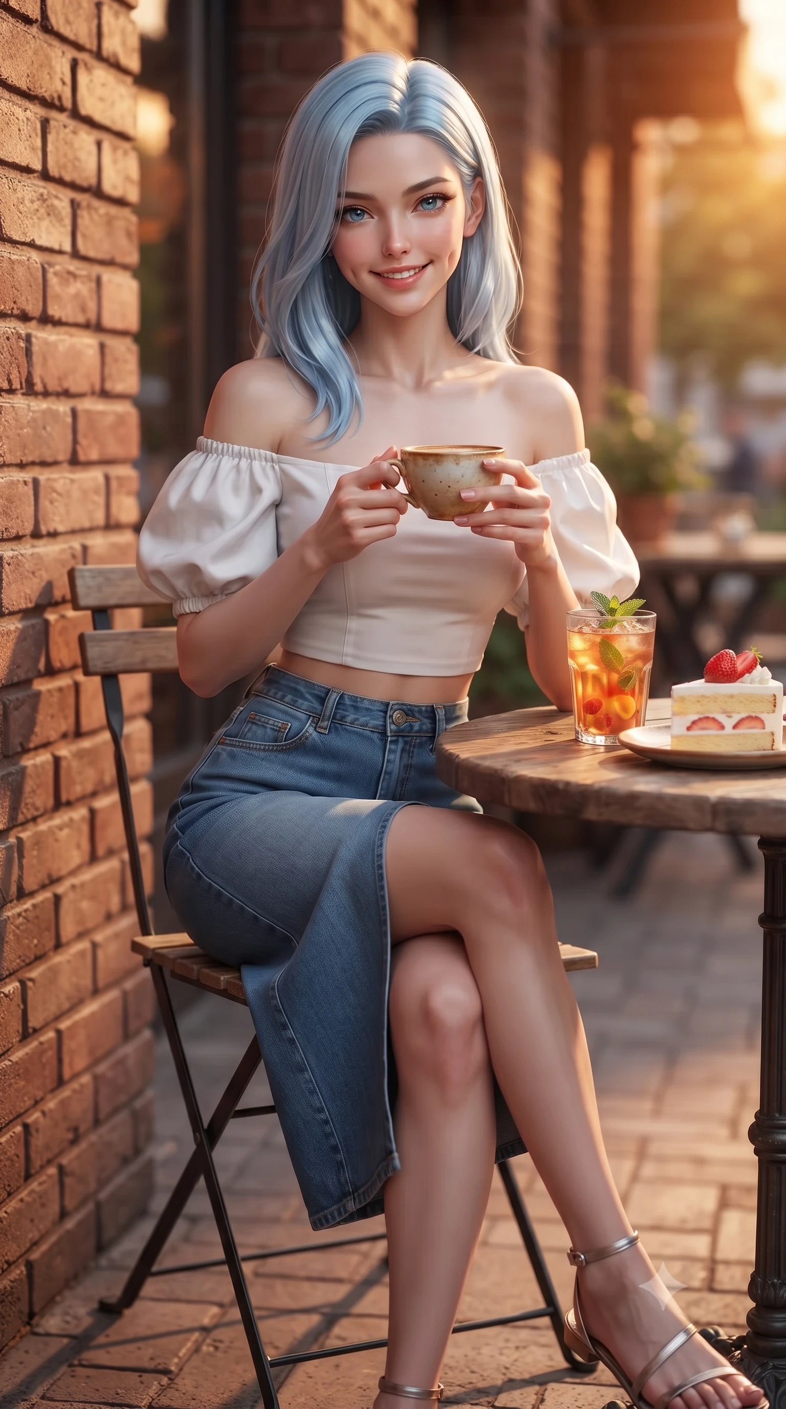 score_9, masterpiece, best quality, ultra-detailed, high-budget anime keyframe, editorial fashion photography, tasteful artistic composition, Korean woman. close-up cowboy shot from the waist and thighs up, the character dominates the composition, filling the frame with her large presence, background elements kept in soft focus. smiling with soft, cute dimples, holding a warm cup of tea with both hands set against a soft-focus background of at a cozy outdoor terrace table of a brick-walled bakery cafe with a glass of iced fruit tea and a slice of strawberry shortcake nearby. She has an exceptionally elegant, slender, and willowy female figure with an ultra-slim waist, a gracefully sculpted slender torso, and a refined silhouette. sharp v-shaped jawline, high-bridge nose, intricate jewel-like eyes with depth, thick eyelashes, glossy lips with a natural sheen. wearing tailored stylish off-shoulder crop top paired with a high-slit denim midi skirt. golden hour sunset rays painting the cozy interior in a warm orange wash. ultra-reflective glossy finish, specular highlights, metallic sheen, high-contrast stereoscopic depth, volumetric dynamic lighting, 2k, ultra detail, master piece, 9:16 ratio