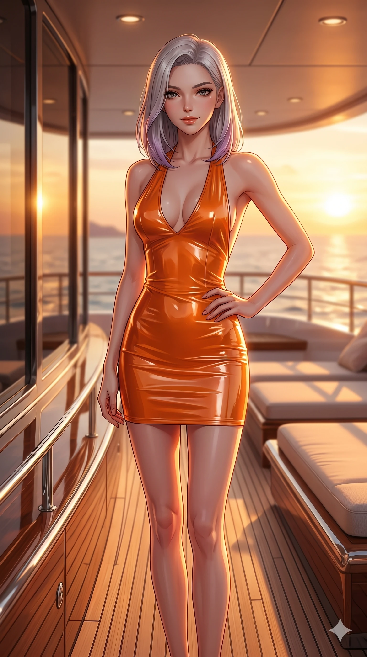 score_9, masterpiece, best quality, ultra-detailed, high-budget anime keyframe, editorial fashion photography, tasteful artistic composition, Caucasian woman, strictly human ears. cowboy shot from the thighs up, character and outfit filling the frame for maximum editorial presence. resting her hand on her hip, looking at the viewer with a confident, bedroom-eyes smile on a private yacht deck at sunset with a warm sea breeze (Code-P16-095). She has an absolutely perfect 8-heads proportion, an exceptionally tall and slender female figure with impossibly long slender legs and an ultra-slim waist. V-shaped jawline, high-bridge nose, intricate jewel-like eyes with depth, thick eyelashes, glossy lips with a natural sheen. wearing a glove-like wet-look orange vinyl dress with a plunging halter neck and bare back. bathed in warm golden hour sunset light, tracing the sleek contours of her athletic build. 2k, ultra detail, master piece, 9:16 ratio