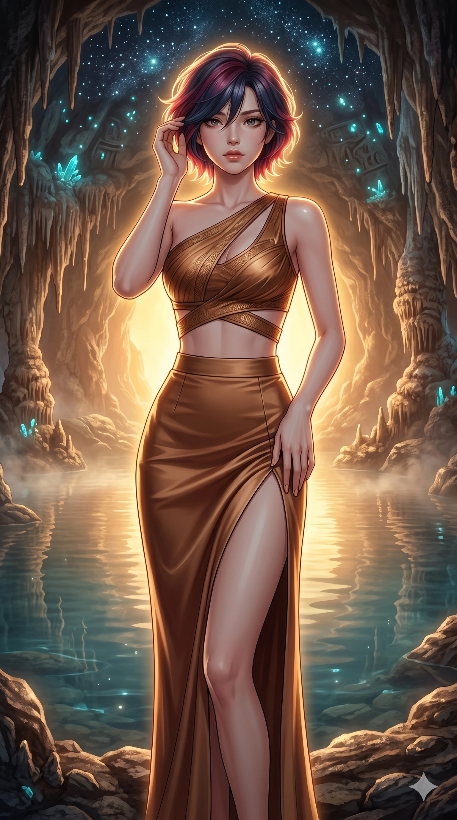 score_9, masterpiece, best quality, ultra-detailed, high-budget anime keyframe, editorial fashion photography, tasteful artistic composition, Korean woman. cowboy shot from the thighs up, character and outfit filling the frame for maximum editorial presence. Lifting one hand to gently tuck a strand of hair behind her ear, her movements fluid and slow inside a sacred cave where a warm spring pool reflects the starlit ceiling. She has an absolutely perfect 8-heads proportion, an exceptionally tall and slender female figure with impossibly long slender legs and an ultra-slim waist. V-shaped jawline, high-bridge nose, intricate jewel-like eyes with depth, thick eyelashes, glossy lips with a natural sheen. wearing an asymmetric crop top in liquid bronze paired with a high-waist tailored skirt featuring a high slit. under warm golden hour backlighting, creating a luminous, radiant halo around her silhouette. 2k, ultra detail, master piece, 9:16 ratio