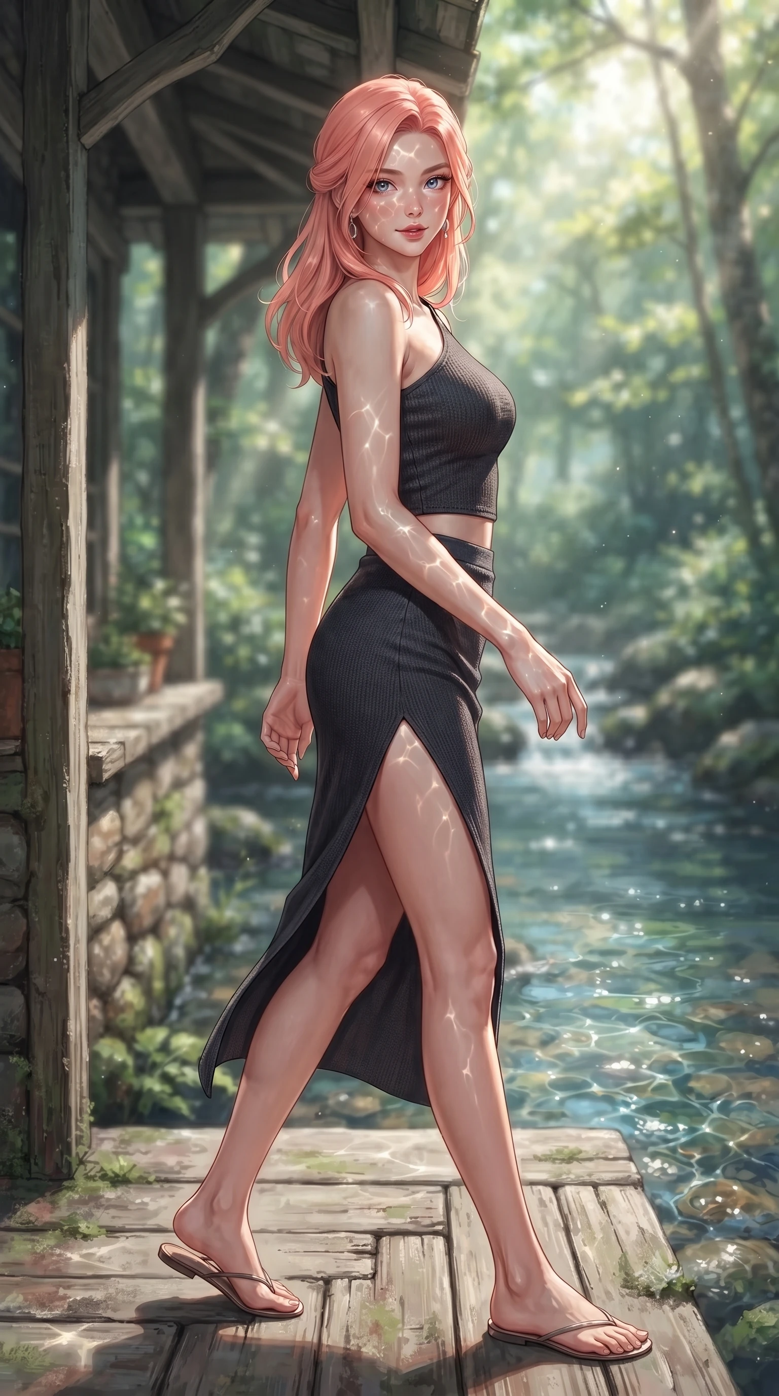 score_9, masterpiece, best quality, ultra-detailed, high-budget anime keyframe, editorial fashion photography, tasteful artistic composition, Japanese woman woman. low angle full-body shot from head to toe showing her feet, filling the entire 9:16 vertical frame with her statuesque presence, stretching her vertical silhouette. stepping gracefully while looking back over her shoulder, her dress draped tightly to reveal her silhouette the background shows a soft-focus a cozy cottage porch beside a bubbling forest stream with clear running water. She has an absolutely perfect, statuesque 8.5-heads proportion, an exceptionally tall and slender model-like female figure with impossibly long slender legs and an ultra-slim waist. sharp v-shaped jawline, high-bridge nose, intricate jewel-like eyes with depth, thick eyelashes, glossy lips with a natural sheen. wearing a slim-fit asymmetric one-shoulder crop top in charcoal knit, paired with a high-slit skirt. dappled sunbeams reflecting off the moving water surface onto her form. ultra-reflective glossy finish, specular highlights, metallic sheen, high-contrast stereoscopic depth, volumetric dynamic lighting, 2k, ultra detail, master piece, 9:16 ratio