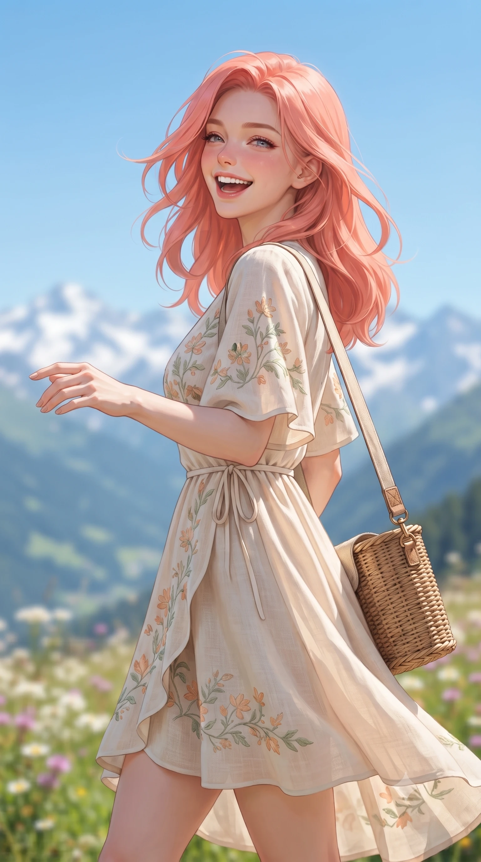 score_9, masterpiece, best quality, ultra-detailed, high-budget anime keyframe, editorial fashion photography, tasteful artistic composition, Japanese woman. close-up cowboy shot from the waist and thighs up, the character dominates the composition, filling the frame with her large presence. extending one arm gracefully toward the scenery while turning back with an infectious, heartwarming smile while turning with a joyful laugh as the crisp alpine mountain breeze gently lifts her soft hair against the clear blue sky. The composition keeps background elements in soft focus with creamy bokeh. blooming alpine meadows and distant snowcapped mountain peaks blurred into creamy azure, emerald, and pastel violet bokeh. She has an exceptionally elegant, slender, and willowy female figure with an ultra-slim waist, a gracefully sculpted slender torso, toned flat midriff, and a refined slim silhouette. sharp v-shaped jawline, high-bridge nose, intricate jewel-like eyes with depth, thick eyelashes, glossy lips with a natural sheen, pure and lovely fresh girlhood expression, flawlessly proportioned anatomical accuracy, strict slender model proportions, natural body alignment, perfectly sculpted long slender limbs, ultra-slim waistline, clean dynamic posture without body distortion. wearing a romantic wrap-style linen sundress with subtle botanical embroidery and a dainty waist tie in warm apricot and sage green, made of fine lightweight chiffon with a soft fluid drape, accessorized with a rustic woven wicker bag and canvas strap, the relaxed yet flattering fit accentuating her naturally graceful and slender figure, highlighting her youthful charm and lovely silhouette. surrounded by a fresh, uplifting, and enchantingly pure alpine girlhood aura. ultra-reflective glossy finish, specular highlights, rich natural textures, high-contrast stereoscopic depth, volumetric dynamic lighting, 2k, ultra detail, master piece, 9:16 ratio