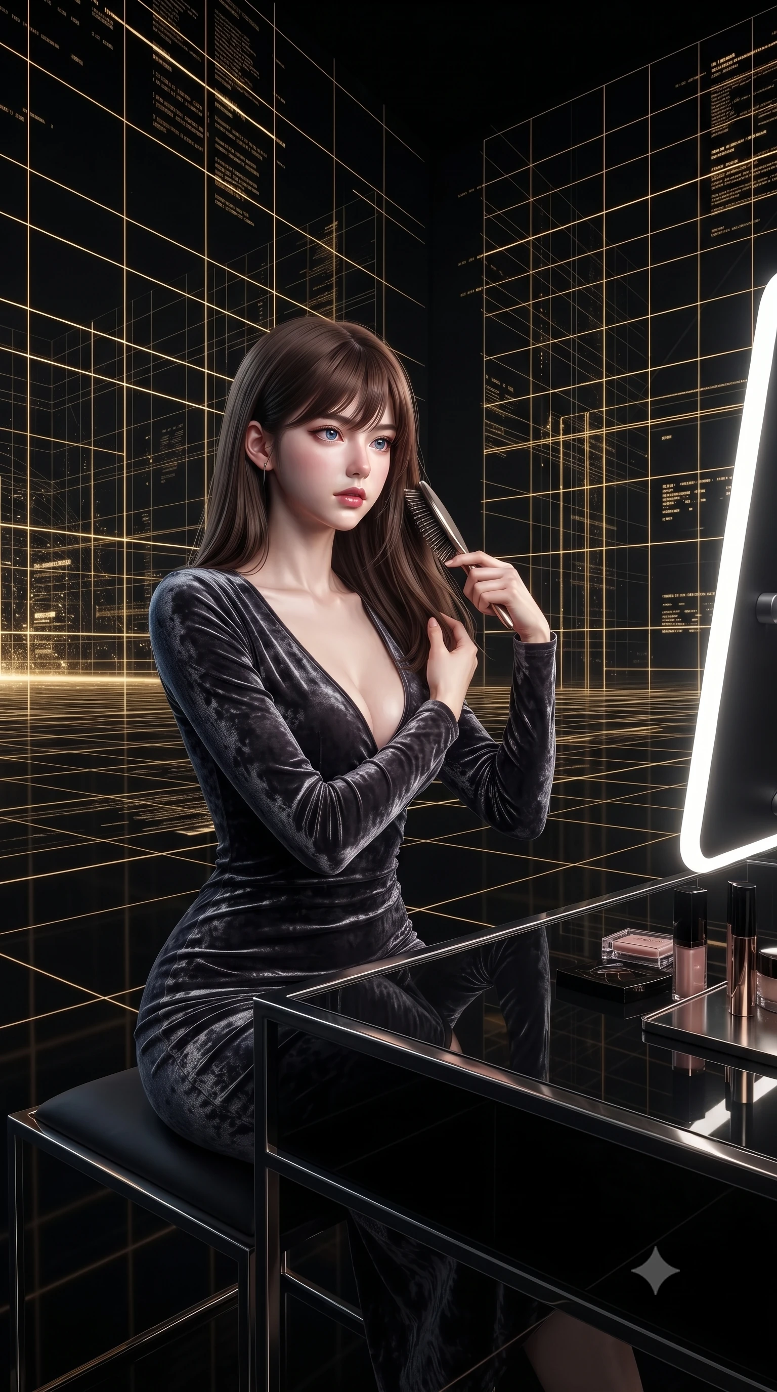 score_9, masterpiece, best quality, ultra-detailed, High-budget Anime Keyframe, editorial fashion photography, tasteful artistic composition, realistic cosplay photography, East Asian woman. Low angle cowboy shot filling the entire 9:16 frame with her statuesque presence. Scenario 256: brushing her hair while seated before a vanity of black glass in a digital arena where gold gridlines project onto the black walls. Her presence is magnetic and overpowering in this high-budget cinematic scene. Outfit 256: a body-hugging crushed dark velvet liquid with a plunging V-neckline and tight-fitting silhouette. The clothing is designed to emphasize her exceptionally tall and slender 8-heads proportion. 8-heads proportion, towering silhouette, ultra-slim waist. sharp v-shaped jawline, intricate jewel-like eyes with depth, thick eyelashes, glossy lips. ultra-reflective glossy finish, specular highlights, metallic sheen, high-contrast stereoscopic depth, volumetric dynamic lighting, 2k, ultra detail, master piece, 9:16 ratio