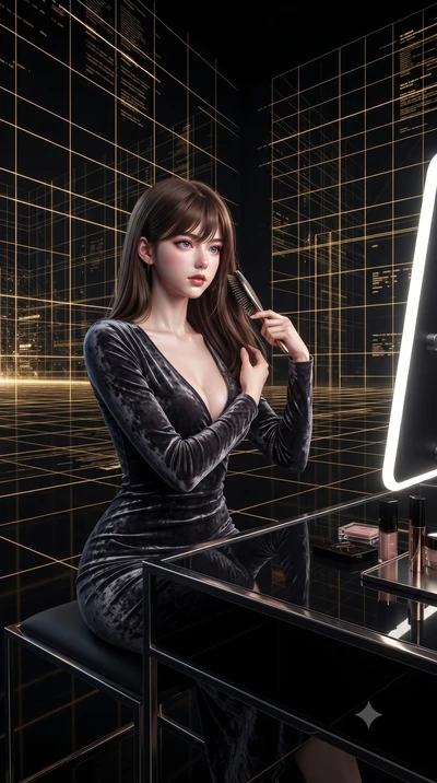 score_9, masterpiece, best quality, ultra-detailed, High-budget Anime Keyframe, editorial fashion photography, tasteful artistic composition, realistic cosplay photography, East Asian woman. Low angle cowboy shot filling the entire 9:16 frame with he
