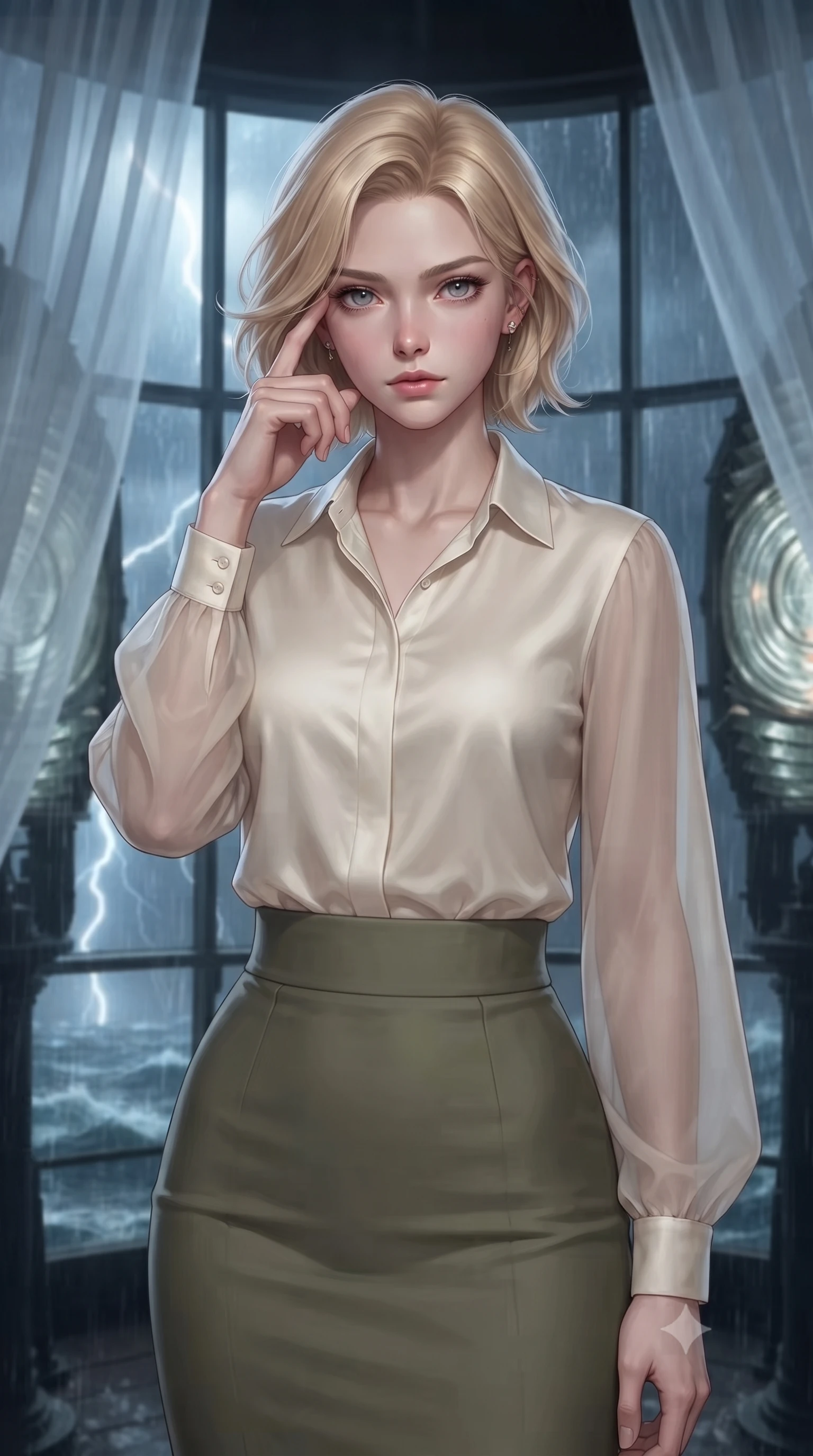 score_9, masterpiece, best quality, ultra-detailed, high-budget anime keyframe, editorial fashion photography, tasteful artistic composition, Caucasian woman, strictly human ears. close-up cowboy shot from the waist and thighs up, the character dominates the composition, filling the frame with her large presence, background elements kept in soft focus. Pressing two fingers to her temple in a composed thoughtful gesture. set against a soft-focus background of inside the glass lantern room at the top of a lighthouse during a fierce storm with the massive Fresnel lens rotating slowly rain streaming down every glass panel and lightning illuminating churning seas below. She has an exceptionally elegant and slender, willowy female figure with an ultra-slim waist, a gracefully sculpted slender torso, and a refined slim physique. sharp v-shaped jawline, high-bridge nose, intricate jewel-like eyes with depth, thick eyelashes, glossy lips with a natural sheen. wearing a cream silk blouse with sheer chiffon sleeves, tucked into a high-waisted olive green pencil skirt. cold silver moonlight filtered through translucent gossamer curtains casting delicate shadows. 2k, ultra detail, master piece, 9:16 ratio