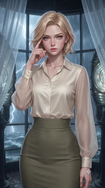 score_9, masterpiece, best quality, ultra-detailed, high-budget anime keyframe, editorial fashion photography, tasteful artistic composition, Caucasian woman, strictly human ears. close-up cowboy shot from the waist and thighs up, the character domin