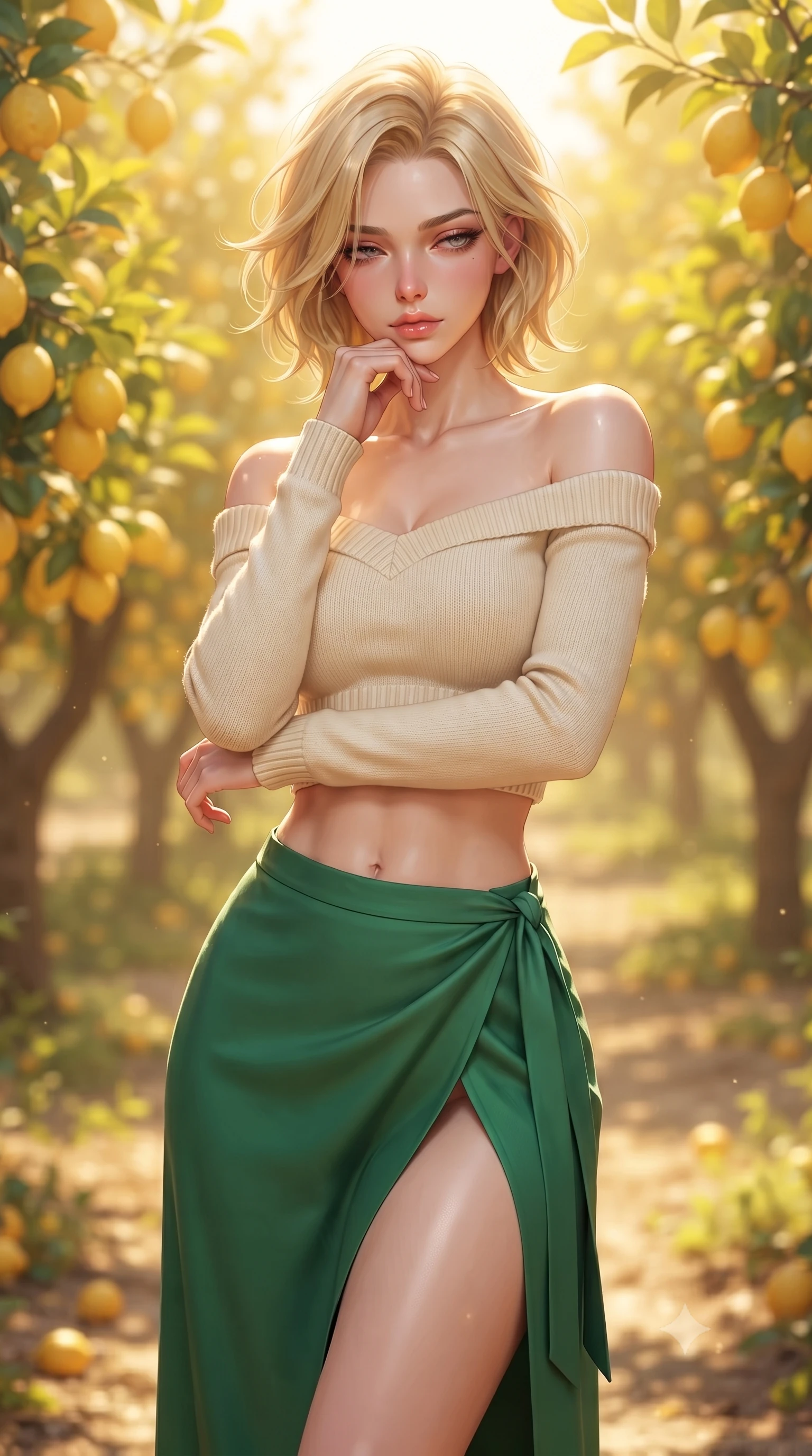 score_9, masterpiece, best quality, ultra-detailed, high-budget anime keyframe, editorial fashion photography, tasteful artistic composition, Caucasian woman woman. close-up cowboy shot from the waist and thighs up, the character dominates the composition, filling the frame with her large presence, background elements kept in soft focus. resting her chin on the backs of her fingers, casting a heavy-lidded, sultry look past the camera the background shows a soft-focus an orchard path lined with lemon trees heavy with ripe yellow fruit in Provence. She has an exceptionally elegant, slender, and willowy female figure with an ultra-slim waist, a gracefully sculpted slender torso, and a refined silhouette. sharp v-shaped jawline, high-bridge nose, intricate jewel-like eyes with depth, thick eyelashes, glossy lips with a natural sheen. wearing a tailored cropped off-shoulder knit top in cream paired with a high-slit wrap skirt in emerald green. bright lemon-yellow sunlight bathing the orchard in a warm glow. ultra-reflective glossy finish, specular highlights, metallic sheen, high-contrast stereoscopic depth, volumetric dynamic lighting, 2k, ultra detail, master piece, 9:16 ratio