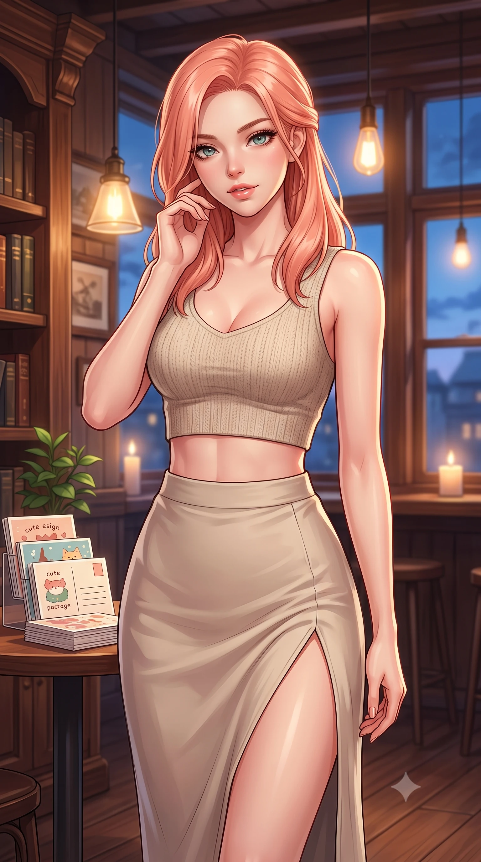 score_9, masterpiece, best quality, ultra-detailed, high-budget anime keyframe, editorial fashion photography, tasteful artistic composition, Japanese woman. close-up cowboy shot from the waist and thighs up, the character dominates the composition, filling the frame with her large presence, background elements kept in soft focus. gazing at the camera with a smoldering, magnetic half-smile, softly parting her glossy lips set against a soft-focus background of in a cozy wooden-themed coffee shop decorated with antique bookshelf walls with a small green plant and a stack of cute design postcards on the table. She has an exceptionally elegant, slender, and willowy female figure with an ultra-slim waist, a gracefully sculpted slender torso, and a refined silhouette. sharp v-shaped jawline, high-bridge nose, intricate jewel-like eyes with depth, thick eyelashes, glossy lips with a natural sheen. wearing tailored crop top in oatmeal knit paired with a flowy midi skirt featuring a high side slit. soft candle glow and warm pendant lights clashing with the cool blue dusk sky. highly saturated vibrant anime colors, detailed shading with soft gradients, rich glossy textures, high-contrast stereoscopic depth, volumetric dynamic lighting, master piece, 9:16 ratio