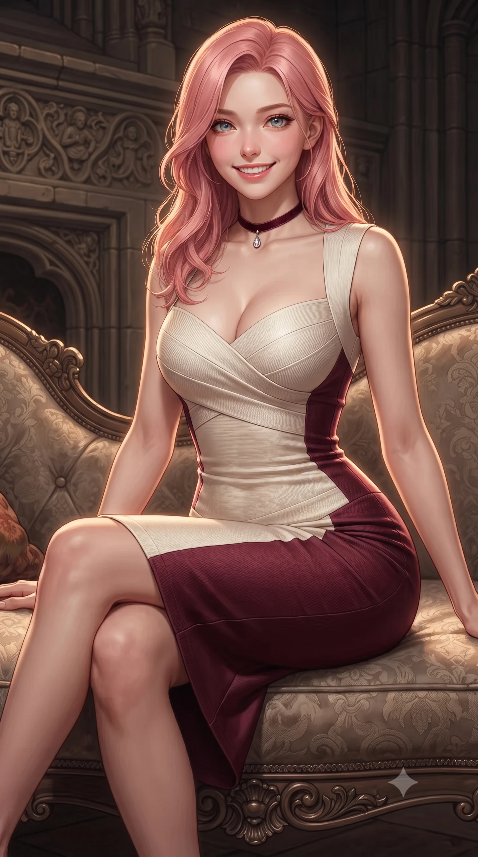 score_9, masterpiece, best quality, ultra-detailed, high-budget anime keyframe, editorial fashion photography, tasteful artistic composition, Japanese woman. close-up cowboy shot from the waist and thighs up, the character dominates the composition, filling the frame with her large presence. perched sideways on the lounge seat, one knee drawn up to showcase her slender leg line while her arched back accentuates her feminine hip curve while twisting her slender torso in an alluring S-curve, gas streetlight glows from the bridge below tracing her flat midriff and hourglass curves. The surrounding environment is rendered in vivid detail and crisp panoramic clarity: detailed garment tailoring, fine textile textures, and historic 14th-century gothic relief in high resolution. She has an exceptionally elegant, slender, and willowy female figure with an ultra-slim waist, flat toned midriff, narrow ribcage, and sculpted feminine hips creating an alluring, slim hourglass silhouette without bulk. sharp v-shaped jawline, high-bridge nose, intricate jewel-like sparkling eyes with depth, thick eyelashes, glossy parted lips with a natural peach sheen, bright cheerful beaming smile with an enchanting and coquettish sensual glint, exuding both youthful cute charm and seductive allure, flawlessly proportioned anatomical accuracy, strict slender model proportions, natural body alignment, perfectly sculpted long slender limbs, ultra-slim waistline, clean dynamic posture without body distortion. wearing a dense bandage knit pencil dress with sweetheart neckline contouring her delicate ribcage and hips in Belvedere ivory pearl and Habsburg bordeaux wine, made of fluid liquid jersey with seamless sculpting hold and smooth contours, finished with a thin velvet ribbon choker and a single teardrop diamond pendant, the impeccably tailored cut draping gracefully along her slender figure with aristocratic poise. illuminated by stone wall bounce fill and sharp copper-gold rim lights defining her dewy collarbones, ultra-slim waist, and curvy hips. ultra-reflective glossy finish, specular highlights, rich textural contrasts, high-contrast stereoscopic depth, volumetric dynamic lighting, 2k, ultra detail, master piece, 9:16 ratio