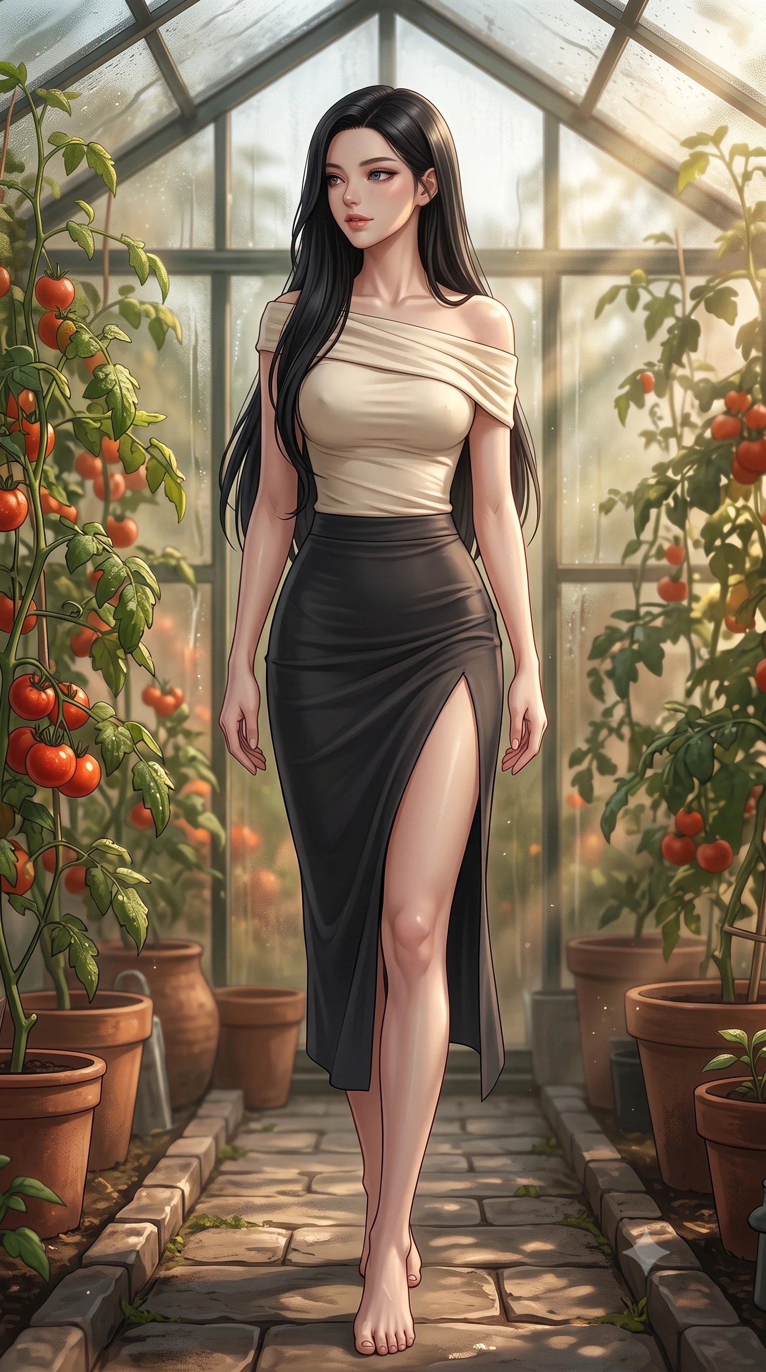 score_9, masterpiece, best quality, ultra-detailed, high-budget anime keyframe, editorial fashion photography, tasteful artistic composition, Korean woman woman. low angle full-body shot from head to toe showing her feet, filling the entire 9:16 vertical frame with her statuesque presence, stretching her vertical silhouette. stepping gracefully while looking back over her shoulder, her dress draped tightly to reveal her silhouette the background shows a soft-focus a warm glass greenhouse filled with ripe tomato vines and clay pots. She has an absolutely perfect, statuesque 8.5-heads proportion, an exceptionally tall and slender model-like female figure with impossibly long slender legs and an ultra-slim waist. sharp v-shaped jawline, high-bridge nose, intricate jewel-like eyes with depth, thick eyelashes, glossy lips with a natural sheen. wearing a body-hugging asymmetric off-shoulder top paired with a high-slit midi skirt, revealing a glimpse of her clavicle lines. soft morning sunrays filtering through the damp glass panels, highlighting dew. 2k, ultra detail, master piece, 9:16 ratio