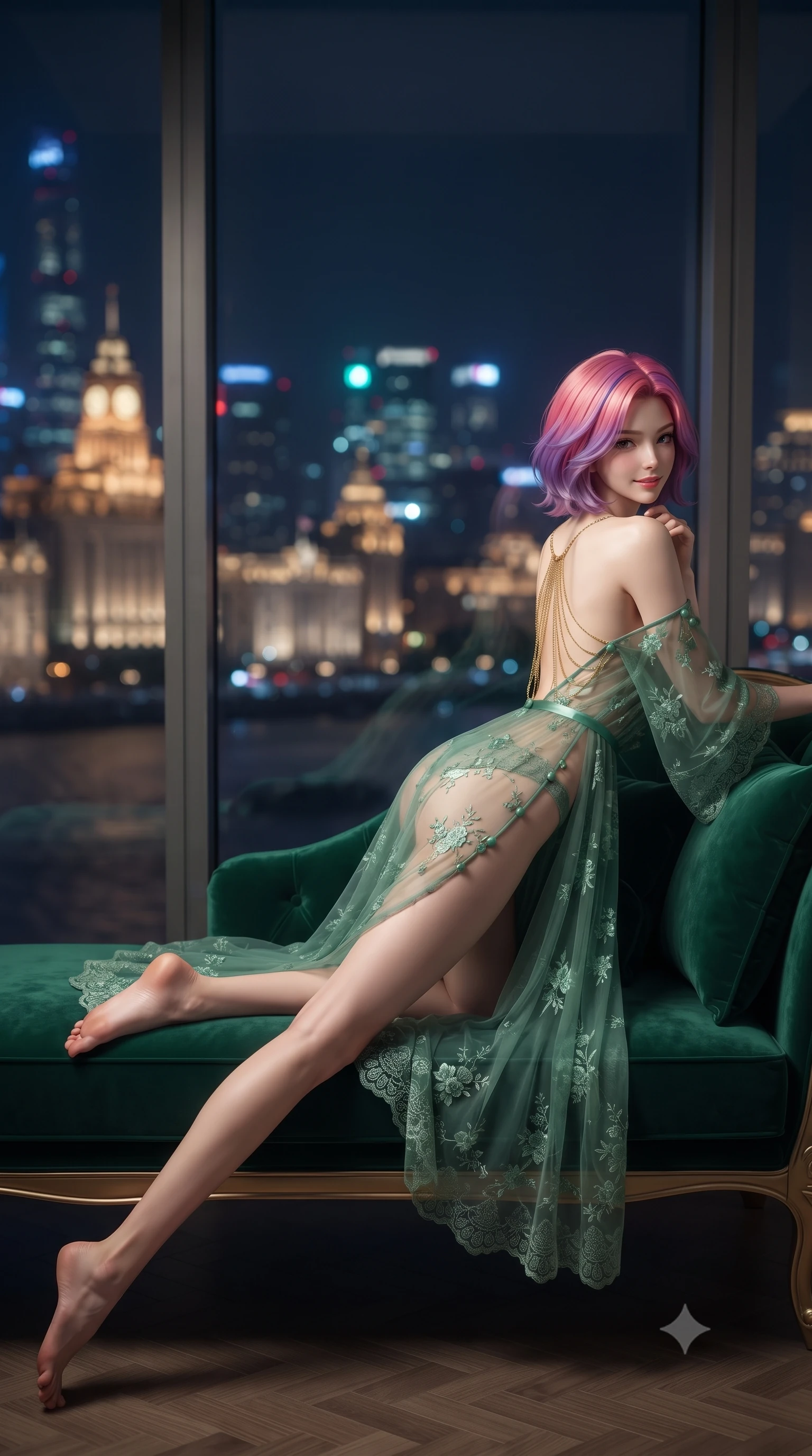 score_9, masterpiece, best quality, ultra-detailed, high-budget anime keyframe, editorial fashion photography, tasteful artistic composition, Caucasian woman. low angle full-body shot from head to toe showing her feet, filling the entire 9:16 vertical frame with her statuesque presence, stretching her vertical silhouette. posing in a classic haute-couture S-curve stance beside the floor-to-ceiling window, looking over a bare shoulder with magnetic presence while reclining gracefully across the emerald silk velvet chaise lounge propped on one elbow, displaying her long slender limbs and statuesque hourglass silhouette with sovereign supermodel poise. The background shows a soft-focus glittering neon skyscrapers of Lujiazui, historic colonial stone clocktowers of The Bund, and dark river waters blurred into ruby, electric topaz, and jade bokeh. She has an exceptionally tall and slender model-like 8.5-heads proportion, an ultra-slim waist, a flat toned midriff, narrow delicate ribcage, and beautifully sculpted feminine hips creating a graceful, slim hourglass silhouette without any bulky heaviness, with impossibly long slender legs. sharp v-shaped jawline, high-bridge nose, intricate jewel-like sparkling eyes with depth, thick eyelashes, glossy parted lips with a natural peach sheen, bright cheerful beaming smile with an enchanting and coquettish sensual glint, exuding both youthful cute charm and seductive allure, flawlessly proportioned anatomical accuracy, strict slender model proportions, natural body alignment, perfectly sculpted long slender limbs, ultra-slim waistline, clean dynamic posture without body distortion. wearing an alluring semi-sheer silk chiffon boudoir peignoir slipping off bare shoulders with delicate jade button accents in French Concession jade green and gilded bronze, made of delicate embroidered tulle lace with intricate floral motifs and soft transparency, accented with an open-back drape framed by falling strands of delicate gold chains, the precision-cut side openings and low-back scoop framing her graceful spine and the sensual sweep of her slim, toned hips. illuminated by river reflection bounce and sharp platinum-gold rim lights sculpting her razor-sharp jawline, narrow waist, and curvy hips. ultra-reflective glossy finish, specular highlights, rich textural contrasts, high-contrast stereoscopic depth, volumetric dynamic lighting, 2k, ultra detail, master piece, 9:16 ratio