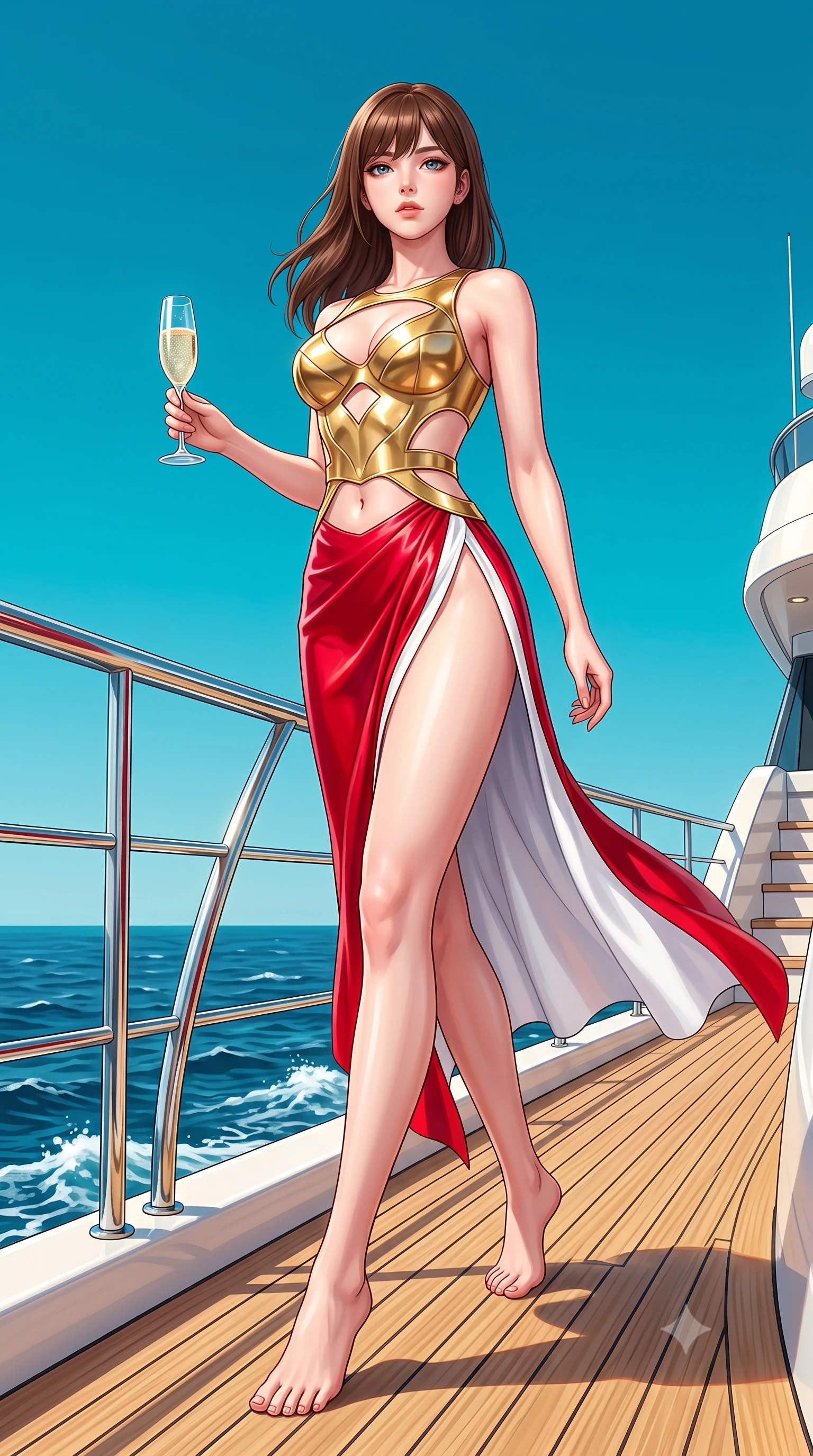 score_9, masterpiece, best quality, ultra-detailed, high-budget anime keyframe, semi-realistic 3D game render, editorial fashion photography, tasteful artistic composition, Korean woman. low angle full-body shot from head to toe showing her feet, filling the entire 9:16 vertical frame with her statuesque presence, stretching her vertical silhouette. pivoting dynamically in mid-motion with a breathtakingly alluring posture, displaying her flawless model proportions and ultra-slim waist while stepping gracefully toward the yacht lounge with champagne glass in hand under a cloudless turquoise sky. The surrounding environment is rendered in vivid detail and crisp panoramic clarity. crisp golden teak deck wood grain, polished chrome yacht railings, and deep blue sea waves in deep focus. She has an absolutely perfect, statuesque 8.5-heads proportion, an exceptionally tall and slender model-like female figure with impossibly long slender legs, a toned flat midriff, and an ultra-slim waist. sharp v-shaped jawline, high-bridge nose, intricate jewel-like eyes with depth, thick eyelashes, glossy lips with a natural sheen, flawlessly proportioned anatomical accuracy, strict slender model proportions, natural body alignment, perfectly sculpted long slender limbs, ultra-slim waistline, clean dynamic posture without body distortion. wearing a sculpted golden breastplate bodice paired with high-cut white satin briefs and a fluid draped side skirt in radiant crimson silk and crisp snow white, crafted from ultra-reflective second-skin latex with a high-gloss glass-like polish, finished with an ultra-high side slit secured by miniature magnetic clasps, the precision-cut daring openings accentuating her delicate midriff, graceful bare collarbones, and ultra-slim feminine waistline. surrounded by an exclusive, sun-drenched, and unapologetically glamorous superyacht luxury aura. highly saturated vibrant anime colors, detailed shading with soft gradients, rich glossy textures, high-contrast stereoscopic depth, volumetric dynamic lighting, master piece, 9:16 ratio