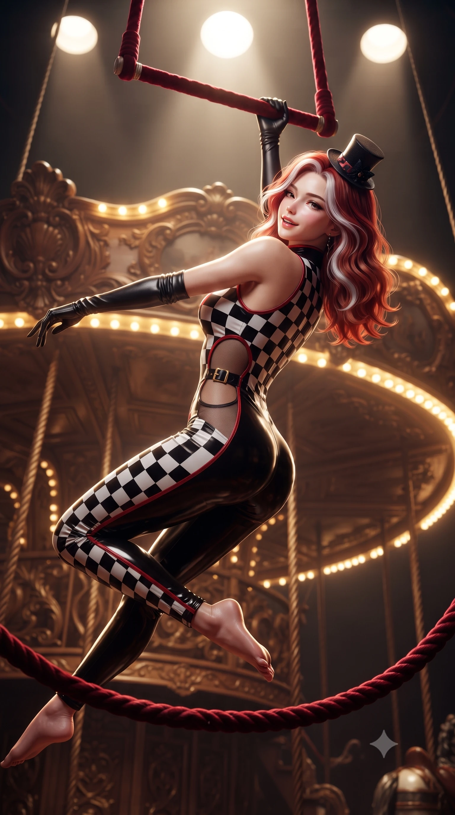 score_9, masterpiece, best quality, ultra-detailed, high-budget anime keyframe, editorial fashion photography, tasteful artistic composition, Caucasian woman. close-up cowboy shot from the waist and thighs up, the character dominates the composition, filling the frame with her large presence. turning over a bare shoulder with an intoxicating, teasing smile, her soft hair framing her sharp jawline as her hips angle gracefully while hanging suspended from an aerial velvet trapeze bar, arching her spine in a breathtaking dancer line with one leg extended as spotlights trace her curvy hips. The surrounding environment is rendered in vivid detail and crisp panoramic clarity. sharp carved carousel filigree, velvet rope braid textures, and circus platform rigging in deep focus. She has an exceptionally elegant, slender, and willowy female figure with an ultra-slim waist, a gracefully sculpted slender torso, toned flat midriff, and rounded feminine hips creating an alluring hourglass silhouette. sharp v-shaped jawline, high-bridge nose, intricate jewel-like eyes with depth, thick eyelashes, glossy parted lips with a natural sheen, intensely captivating and seductive bedroom-eyes expression, flawlessly proportioned anatomical accuracy, strict slender model proportions, natural body alignment, perfectly sculpted long slender limbs, ultra-slim waistline, clean dynamic posture without body distortion. wearing a high-collar velvet speedsuit featuring bold side cutouts and quick-release brass buckles in high-contrast black and crisp white checkerboard with red accents, made of stretchy athletic knit with sheer mesh cutout inserts, accessorized with opera-length satin gloves and a miniature top-hat fascinator, the second-skin form-contouring cut accentuating her sculpted flat midriff, narrow waistline, and dramatically curvy hips without adding bulk. bathed in dramatic overhead circular spotlight beams and warm golden carousel perimeter glow. ultra-reflective glossy finish, specular highlights, rich textural contrasts, high-contrast stereoscopic depth, volumetric dynamic lighting, 2k, ultra detail, master piece, 9:16 ratio