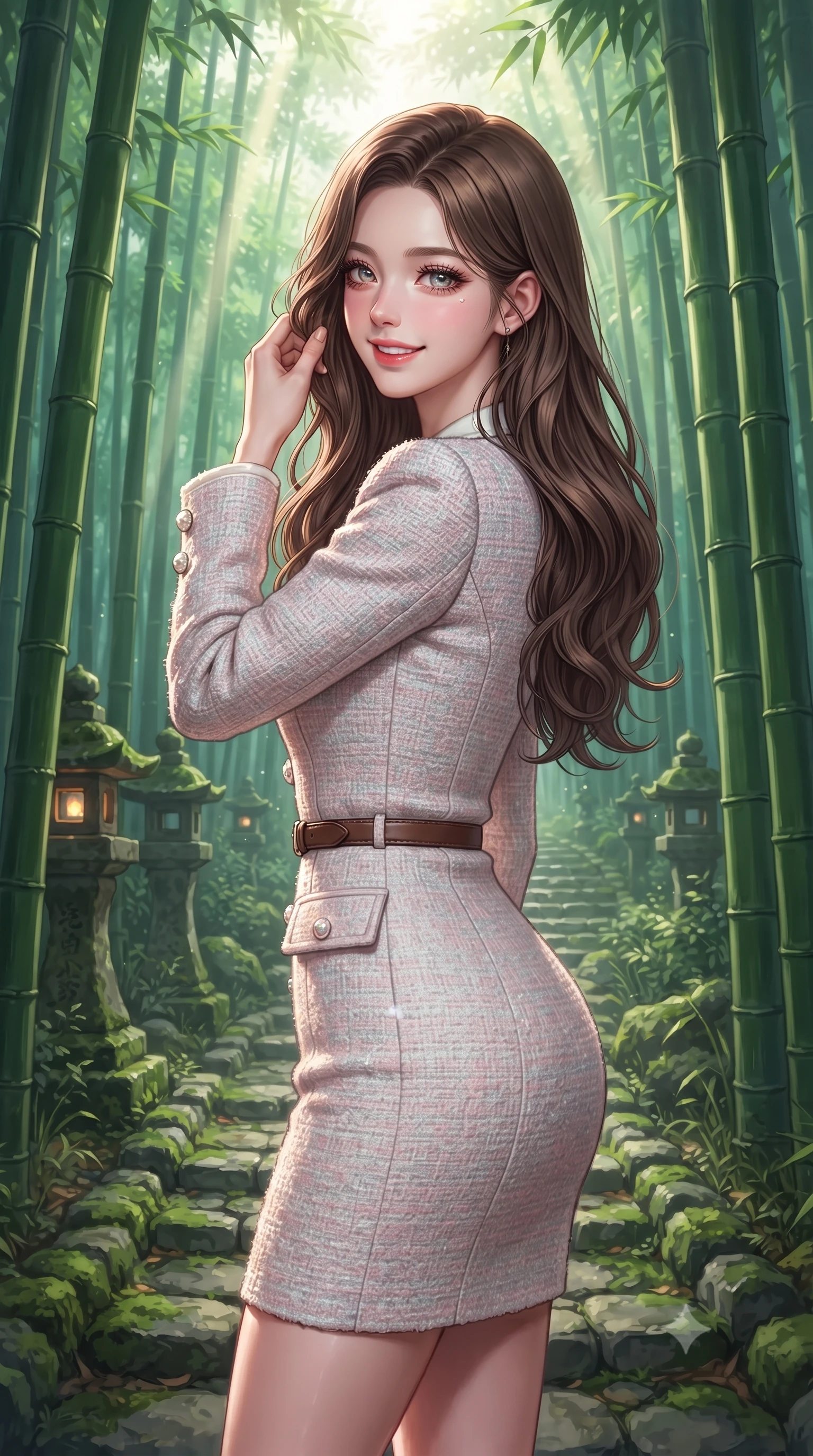 score_9, masterpiece, best quality, ultra-detailed, high-budget anime keyframe, editorial fashion photography, tasteful artistic composition, Korean woman. close-up cowboy shot from the waist and thighs up, the character dominates the composition, filling the frame with her large presence. gently brushing a lock of hair behind her ear while casting a playful, flirtatious side-gaze with long eyelashes while standing poised between towering emerald bamboo stalks, looking back along the stone pathway with an enchanting, radiant smile. The background shows a soft-focus ancient mossy stone lanterns softened in mystical Japanese natural sanctuary shallow focus. She has an exceptionally elegant, slender, and willowy female figure with an ultra-slim waist, flat toned midriff, narrow ribcage, and sculpted feminine hips creating an alluring, slim hourglass silhouette without bulk. sharp v-shaped jawline, high-bridge nose, intricate jewel-like sparkling eyes with depth, thick eyelashes, glossy parted lips with a natural peach sheen, bright cheerful beaming smile with an enchanting and coquettish sensual glint, exuding both youthful cute charm and seductive allure, flawlessly proportioned anatomical accuracy, strict slender model proportions, natural body alignment, perfectly sculpted long slender limbs, ultra-slim waistline, clean dynamic posture without body distortion. wearing a form-contouring pastel bouclé tweed bodycon mini dress with structured waist darts and decorative pearl buttons in Swiss alpine snow white and oat cashmere, crafted from lustrous liquid satin crepe that drapes in body-clinging ripples catching ambient lights, finished with a slim equestrian bridle-leather belt cinched tightly at the narrowest point of her waist, the body-conscious tailored knit hugging her sculpted torso and curvaceous hips in a seamless, fluid line that highlights her statuesque model proportions. bathed in ethereal shafts of morning sunlight (komorebi) piercing through dense emerald bamboo canopies. ultra-reflective glossy finish, specular highlights, rich textural contrasts, high-contrast stereoscopic depth, volumetric dynamic lighting, 2k, ultra detail, master piece, 9:16 ratio