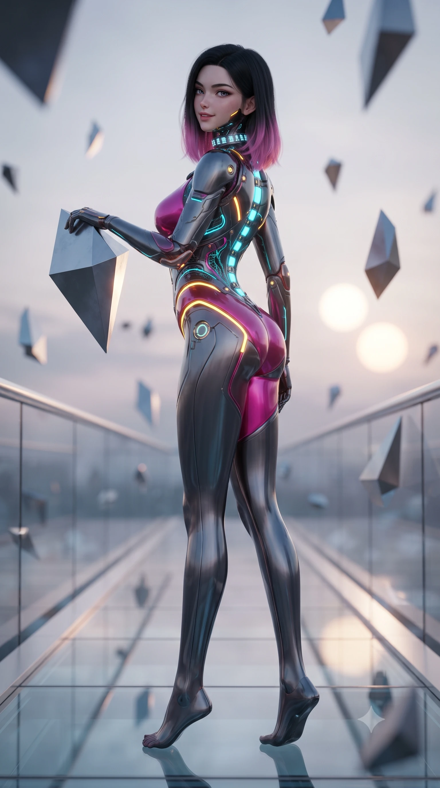 score_9, masterpiece, best quality, ultra-detailed, high-budget anime keyframe, editorial fashion photography, tasteful artistic composition, Korean woman. low angle full-body shot from head to toe showing her feet, filling the entire 9:16 vertical frame with her statuesque presence, stretching her vertical silhouette. walking slowly along the transparent glass skybridge, looking back over her shoulder with an air of effortless grace and an alluring, smoldering smile while leaning against a floating geometric metal shard with hips cocked back, casting an alluring bedroom-gaze over the twin-sun sunset. The background shows a soft-focus floating anti-gravity metallic shards drifting silently in the sub-orbital wind softened in mystical sci-fi shallow focus. She has an absolutely perfect, statuesque 8.5-heads proportion, an exceptionally tall and slender model-like female figure with impossibly long slender legs, an ultra-slim waist, a flat toned midriff, narrow delicate ribcage, and beautifully sculpted feminine hips creating a graceful, slim hourglass silhouette without any bulky heaviness. sharp v-shaped jawline, high-bridge nose, intricate jewel-like sparkling eyes with depth, thick eyelashes, glossy parted lips with a natural sheen, bright confident smile with an enchanting and coquettish sensual glint, exuding both youthful magnetic charm and sovereign high-tech allure, flawlessly proportioned anatomical accuracy, strict slender model proportions, natural body alignment, perfectly sculpted long slender limbs, ultra-slim waistline, clean dynamic posture without body distortion. wearing a form-contouring exo-suit chassis with glowing cyan hydraulic spine braces worn over an ultra-slim bodysuit in deep titanium gunmetal and radiant magenta neon, tailored from ultra-reflective glossy liquid vinyl with mirror-like specular highlights, complemented by a high-tech holographic choker projecting miniature glyphs, the high-waisted tailoring accentuating her ultra-slim waistline and the enchanting curve of her feminine hips with alluring dark charm. illuminated by glowing monolith circuit veins and sharp golden-amber rim lights sculpting her razor-sharp jawline, narrow waist, and curvy hips. ultra-reflective glossy finish, specular highlights, rich textural contrasts, high-contrast stereoscopic depth, volumetric dynamic lighting, 2k, ultra detail, master piece, 9:16 ratio