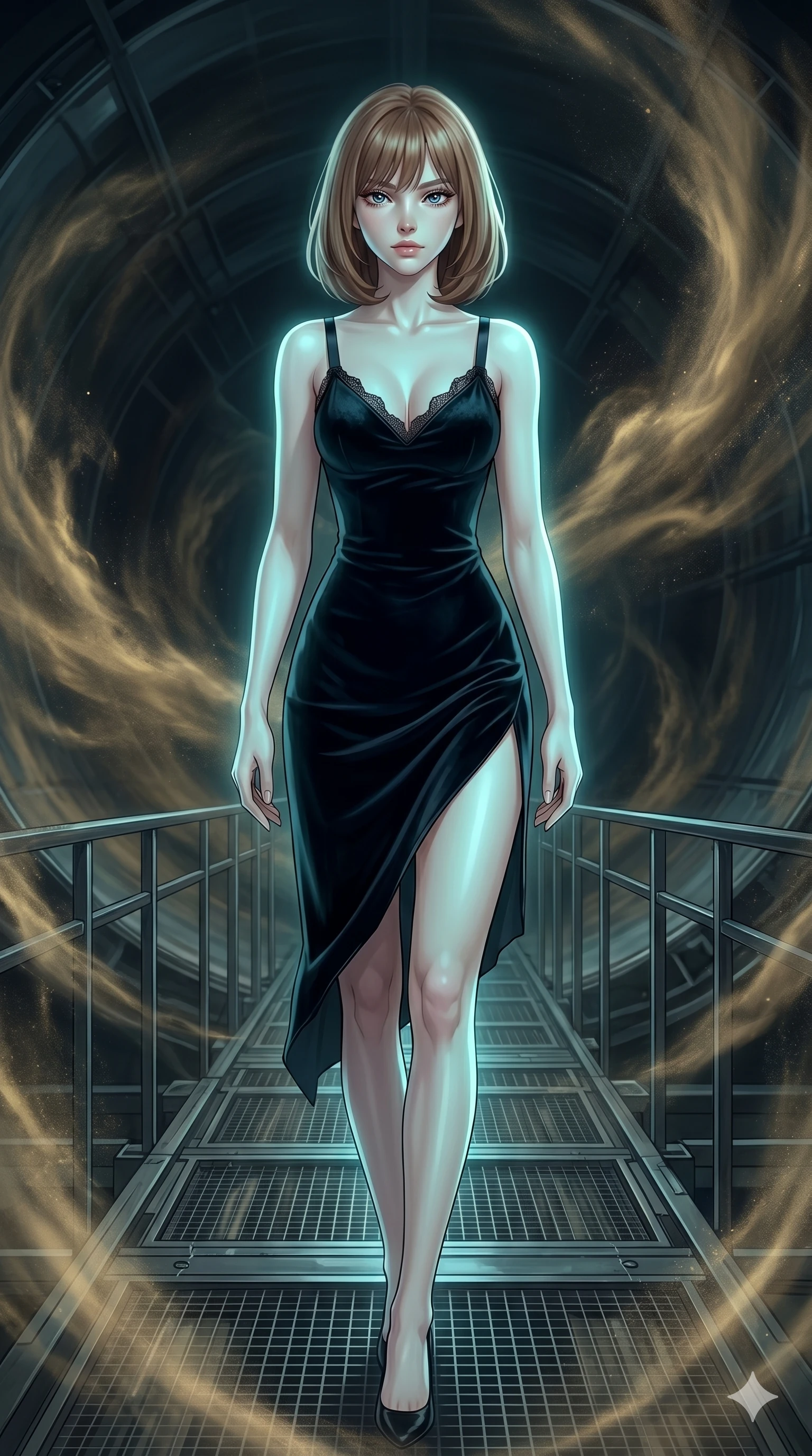 score_9, masterpiece, best quality, ultra-detailed, high-budget anime keyframe, editorial fashion photography, tasteful artistic composition, Caucasian woman, strictly human ears. cowboy shot from the thighs up, character and outfit filling the frame for maximum editorial presence. Gazing past the camera with an air of effortless superiority on a high-tech metal catwalk suspended inside a giant wind tunnel with swirling golden dust. She has an absolutely perfect 8-heads proportion, an exceptionally tall and slender female figure with impossibly long slender legs and an ultra-slim waist. V-shaped jawline, high-bridge nose, intricate jewel-like eyes with depth, thick eyelashes, glossy lips with a natural sheen. wearing a midnight-black velvet slip dress with thin satin straps, a V-neckline trimmed with fine lace, and an asymmetric hemline with a side slit. illuminated by soft aqua bioluminescent light that makes her skin luminously glow against the dark. 2k, ultra detail, master piece, 9:16 ratio